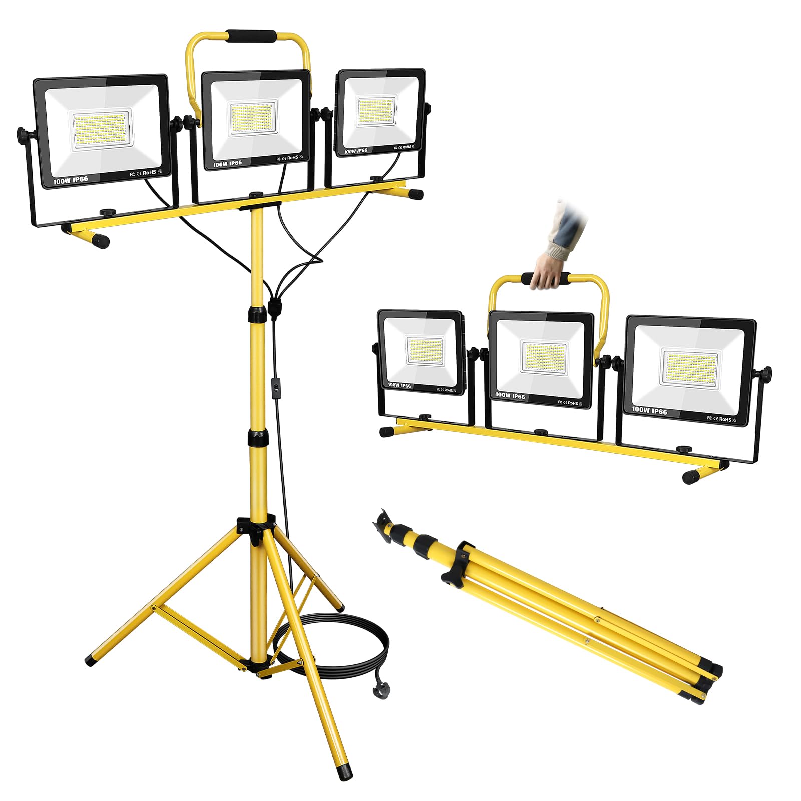 RIGIDON LED Work Light with Stand,300W Three Head Portable Job Site Lights 175V to 265V 30000LM IP66 Waterproof Outdoor Indoor Worklight with 5M Cord Plug for Workshop, Garage, Construction, Basement