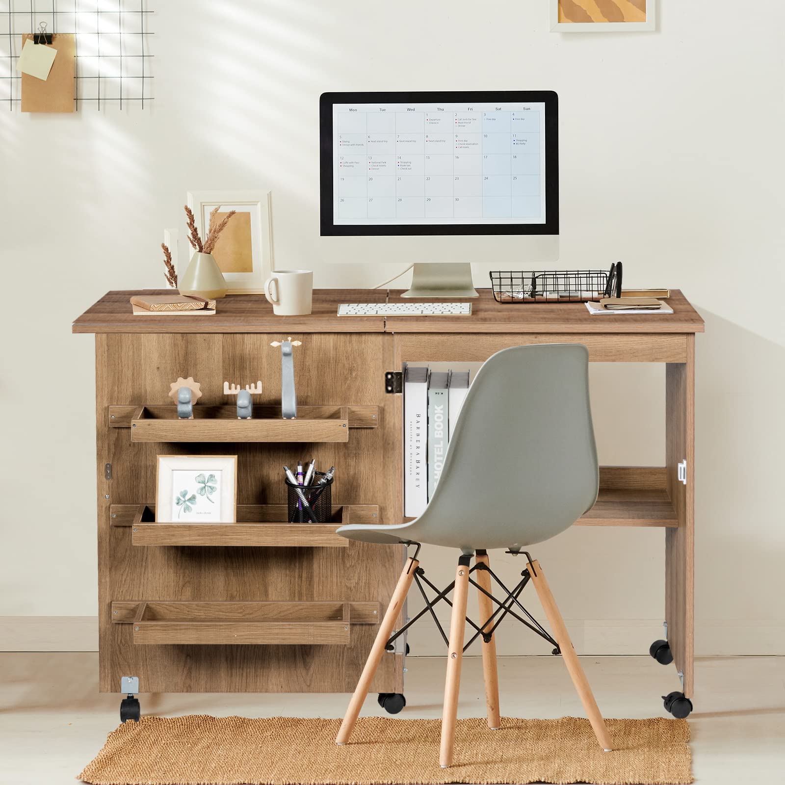 RELAX4LIFE Faltbarer Nähtisch auf Rollen, Nähmaschinenschrank aus Holz, Nähschrank, Mehrzwecktisch, ideal für Wohnzimmer, Schlafzimmer und Arbeitszimmer (Holzfarbe)