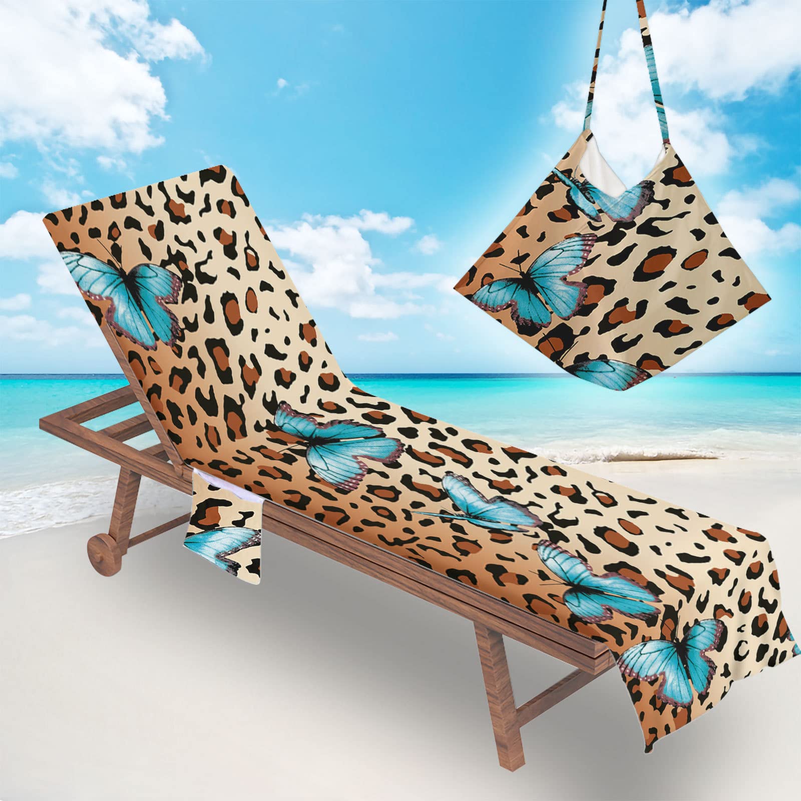Surwin Sun Lounger Beach Towel with Pockets, 3D Leopard Print Summer Beach Chair Cover Chaise Lounge Towel Cover Mate Sunbed Towels For Holiday Garden Outdoor Pool (75x210cm,Butterfly)