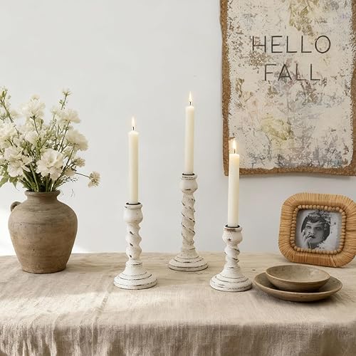 Miniatura 3 de Pillar Candle Holder, 3 Pcs Rustic White Candle Holders Sets, 100% Solid Wood Decorative Candlestick Holders Distressed Wooden Farmhouse Decor