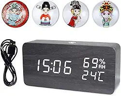 Relógio de Alarme Digital Madeira LED com Controle por APP Display Temperatura Umidade e Data Eletrônico Mesa 4 Níveis Brilho Som Alimentação via USB