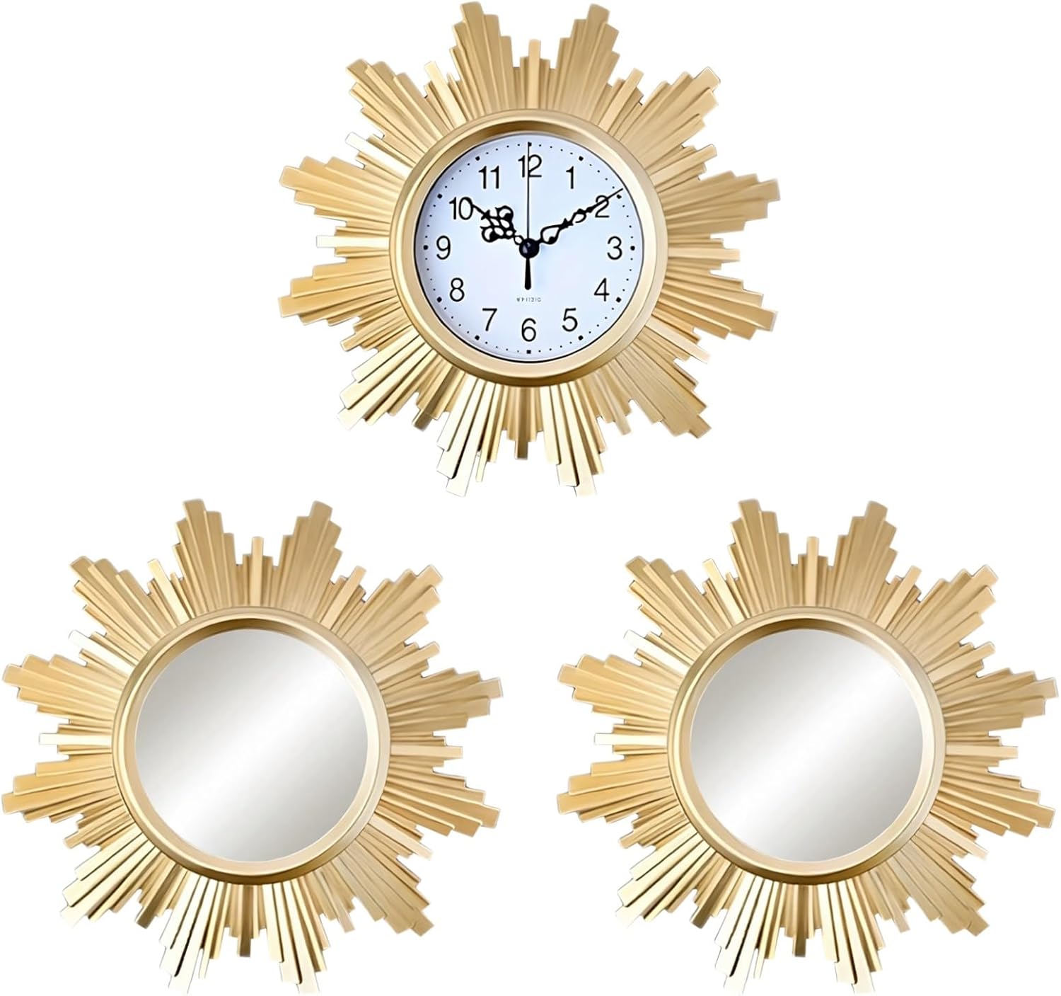 3 Pcs Gold Sunburst Wall Decor Set, Vintage Wall Clock Mirror, 9.8 In Decorative Art, Lightweight And Easy To Install