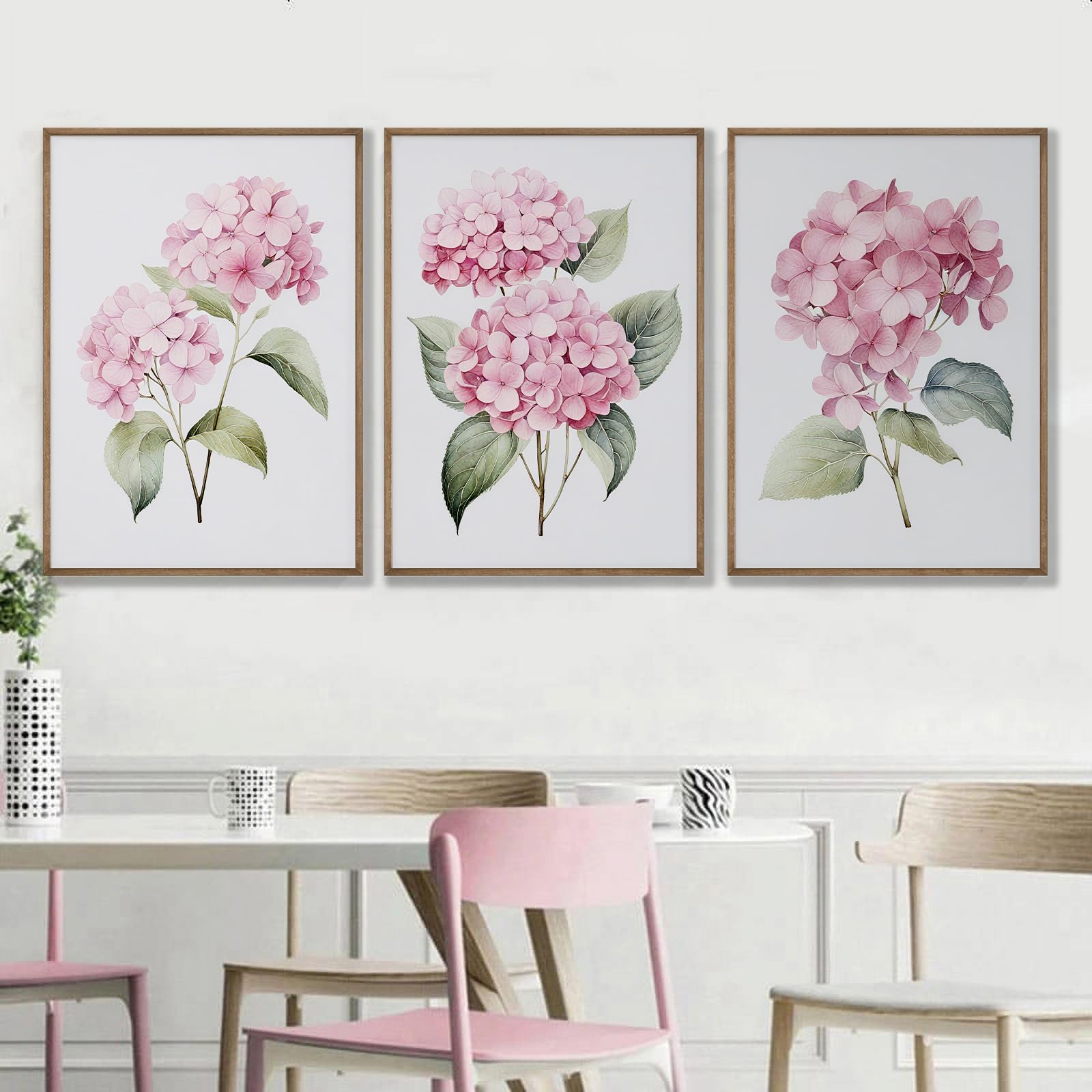 YJYCLD Pink Watercolor Hydrangea Wall Art Prints Botanical Floral Wall Decor Art Set of 3 Pink Flower Posters Pictures Canvas Wall Art Paintings for