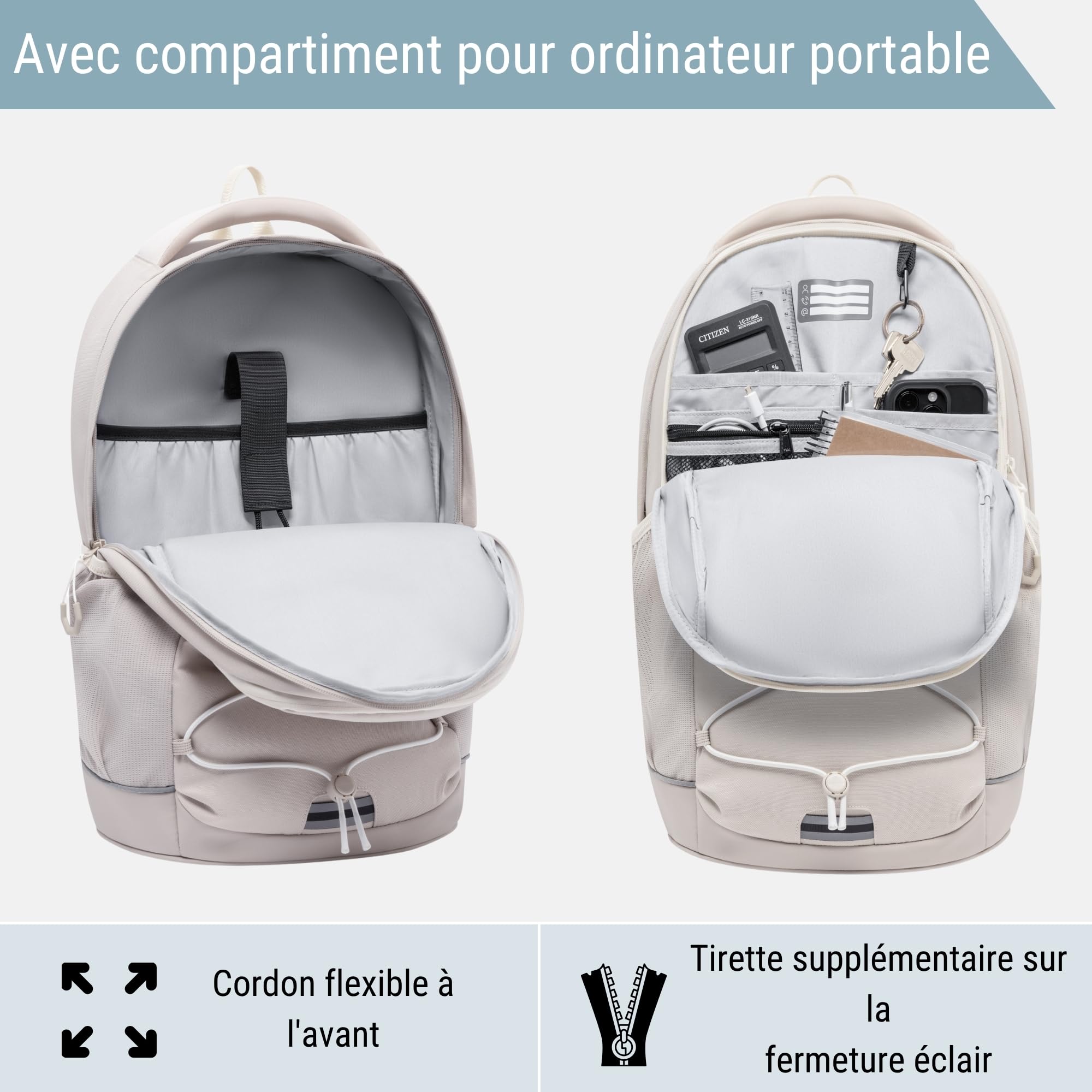 Audetic Sac à Dos Scolaire pour Adolescents Beige - AERO Backpack - Cartable pour Garçons et Filles - 21 litres - Sac à Dos Ergonomique avec de Nombreux Compartiments pour École et Loisirs - Hydrofuge