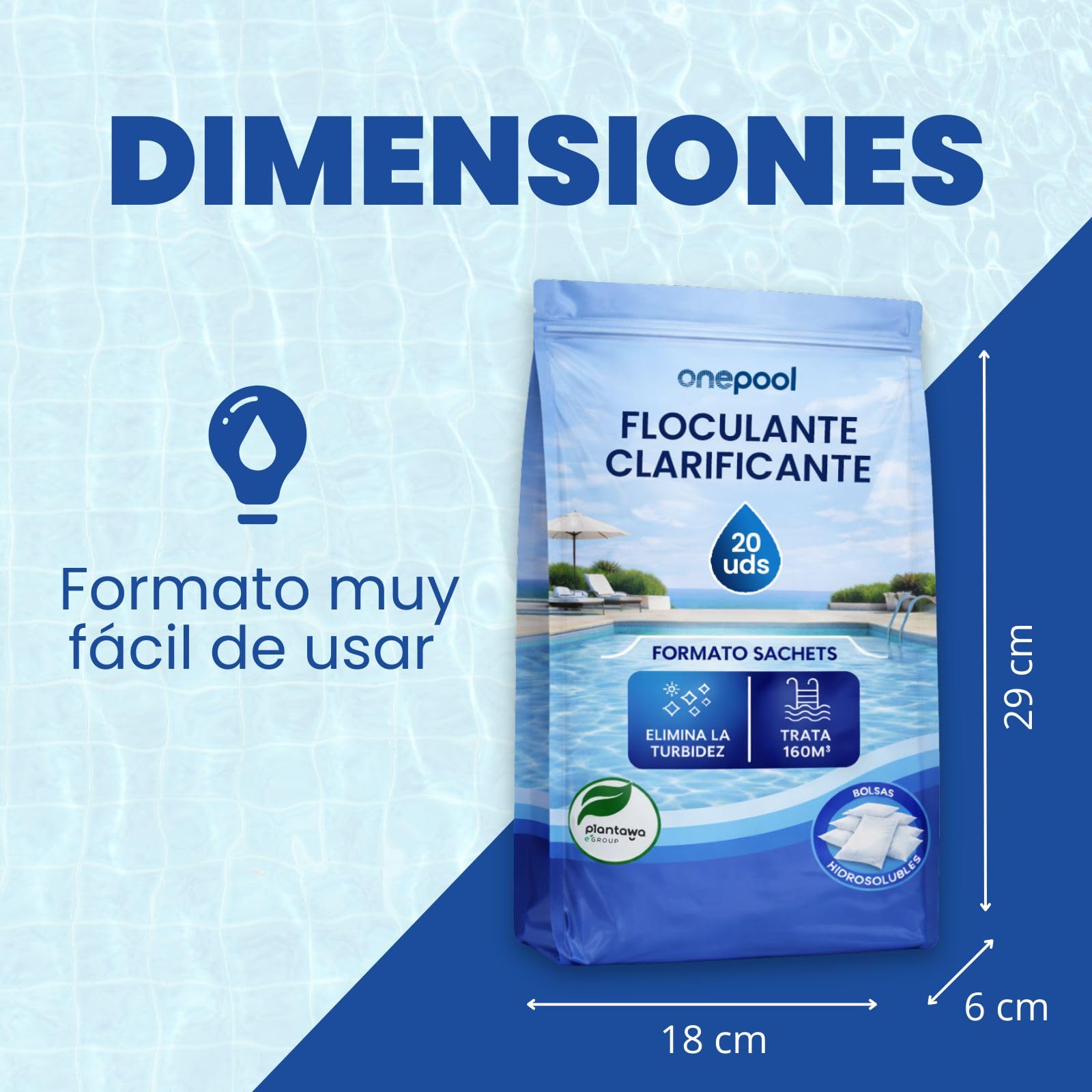 PLANTAWA Flocculante in polvere 20 bustine | Flocculante Chiarificante per Piscine, Equivale 2,5 KG, Eliminatore Turbidità, con Ingredienti Origine Vegan, Tutti i Tipi Piscine, SPA