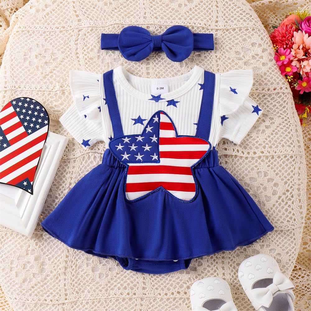 4th of July Baby Girl Outfits Newborn Romper Dress Summer Infant American Flag Clothes Cute Toddler Tutu Dresses (A American Flag Blue,12-18 Months)