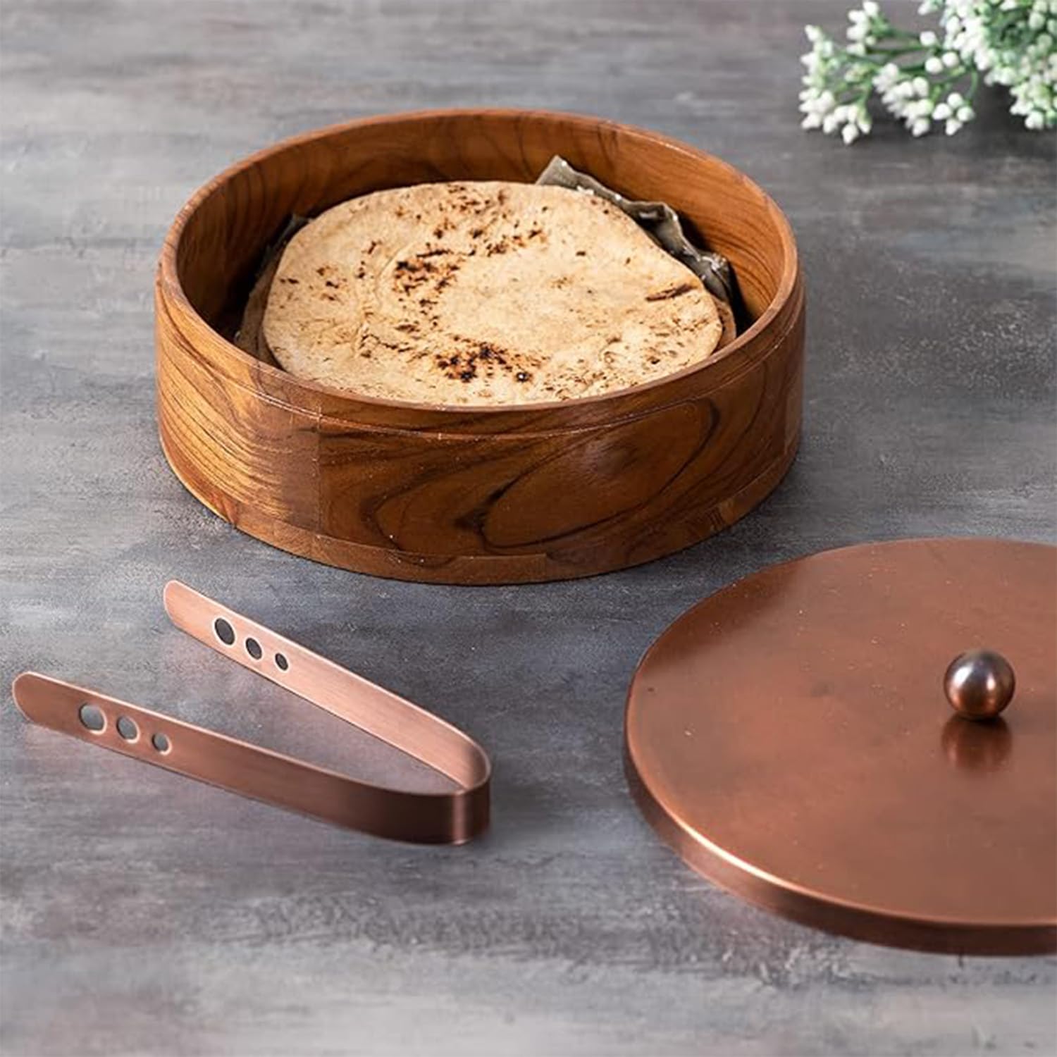Nestroots Wooden Casserole for Roti | 9-Inch Hot Pot for Kitchen | Chapati Box with Stainless Steel Tong | Copper Finish Hot Case Roti Box for Fresh & Warm Roti | Durable & Stylish For Kitchen Storage