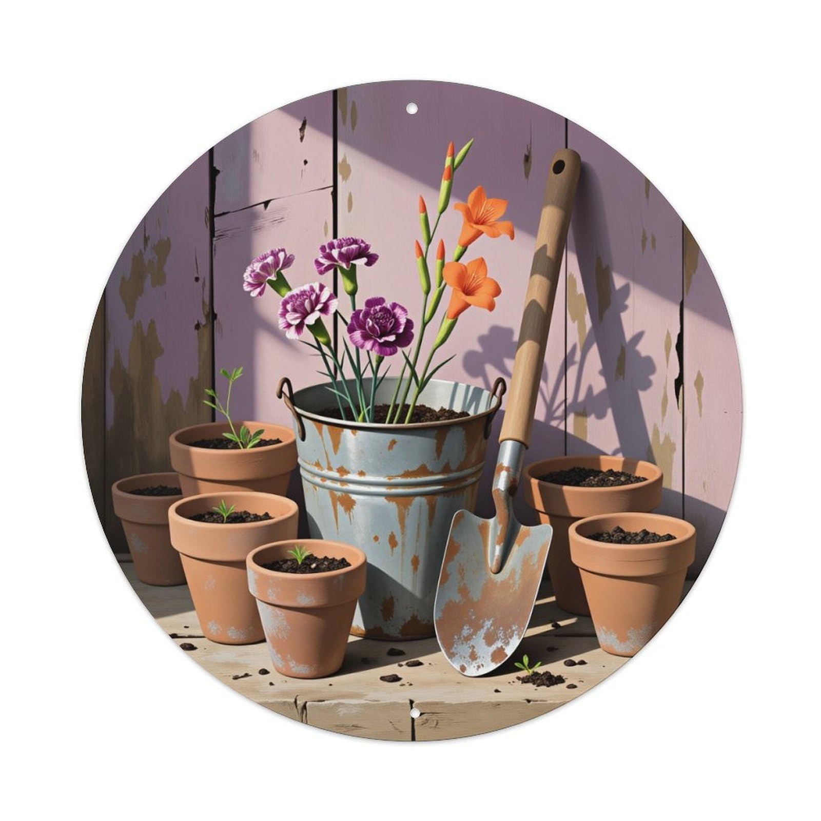 Flower Pots Garden Tools Rustic Charm Round Tin Sign Vintage Style Metal Sign Home Bar Garden Wall Plaque Decor Metal Poster 8x8 Inch