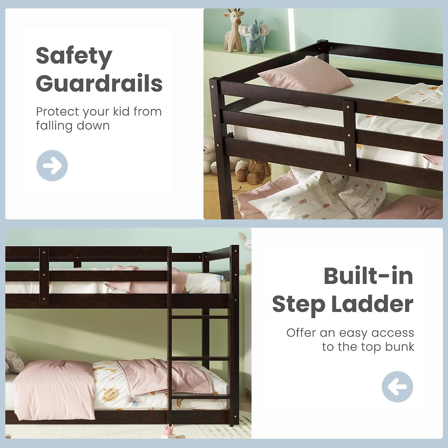 Low Bunk Beds Twin Over Twin for Kids,Solid Rubber Wooden Floor Bunk Bed Frame Junior Loft Bed for Boys Girls Teens, Espresso