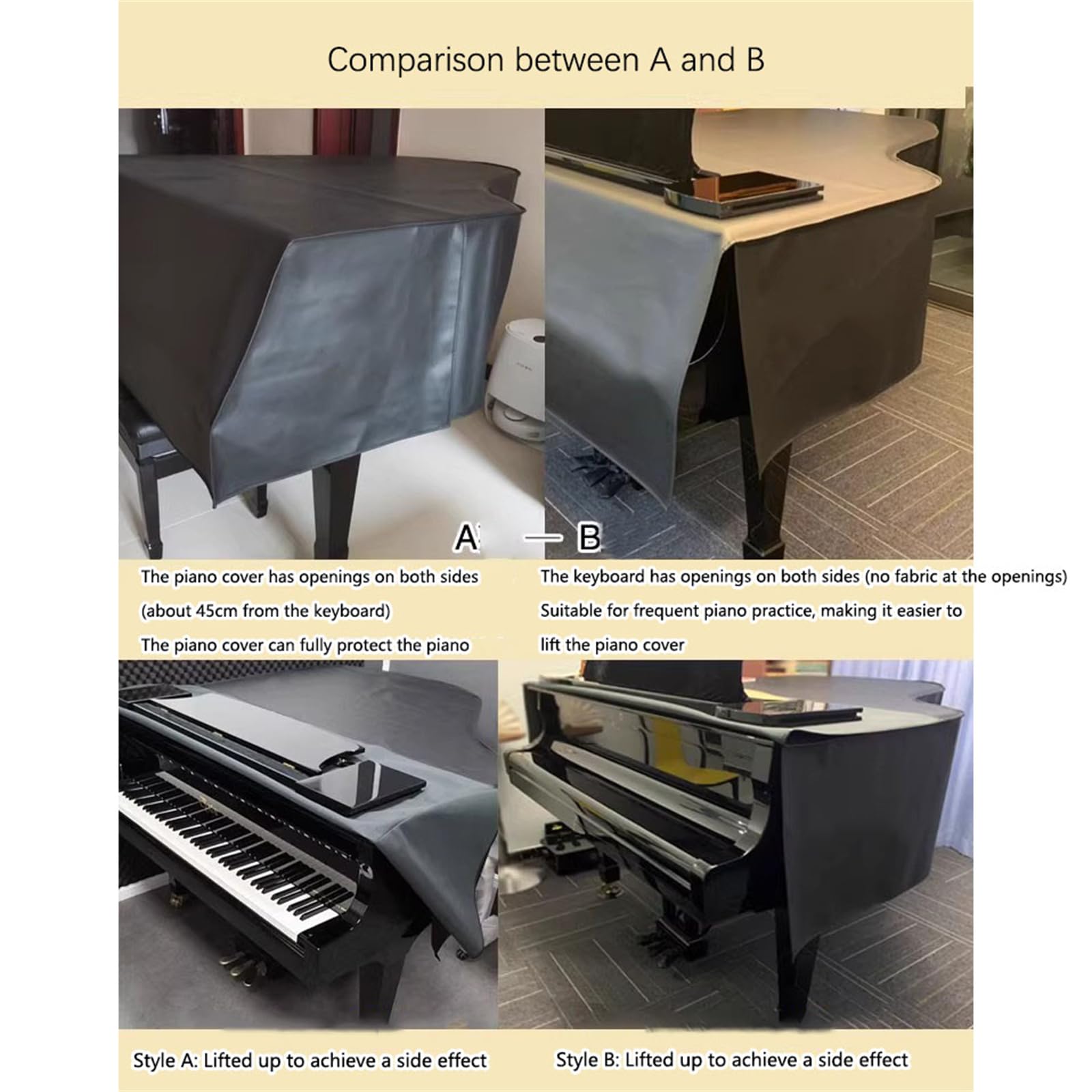 Copertura Antipolvere in Pelle per Pianoforte a Coda, Copertura Universale in Pelle PU, Antipolvere e Impermeabile, Accessorio per Strumento Musicale, Nero, A, 200 cm