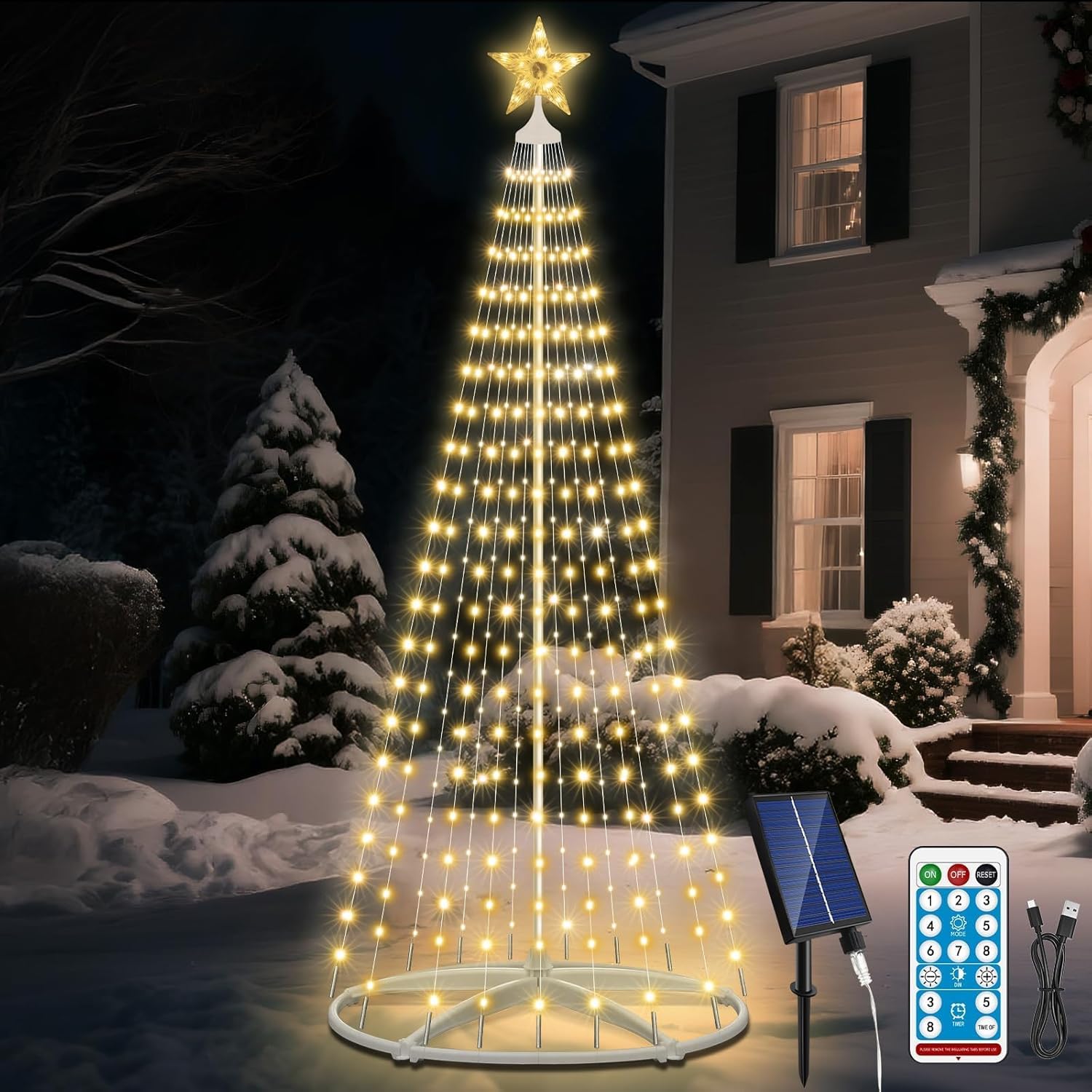 Outdoor Solar Christmas Cone Tree Lights, 7.5ft 312LED Christmas Tree Light Show with Star Topper, 8 Modes Timer Remote Lighted Artificial Trees for Xmas Yard Porch Patio Holiday Decor, WarmWhite