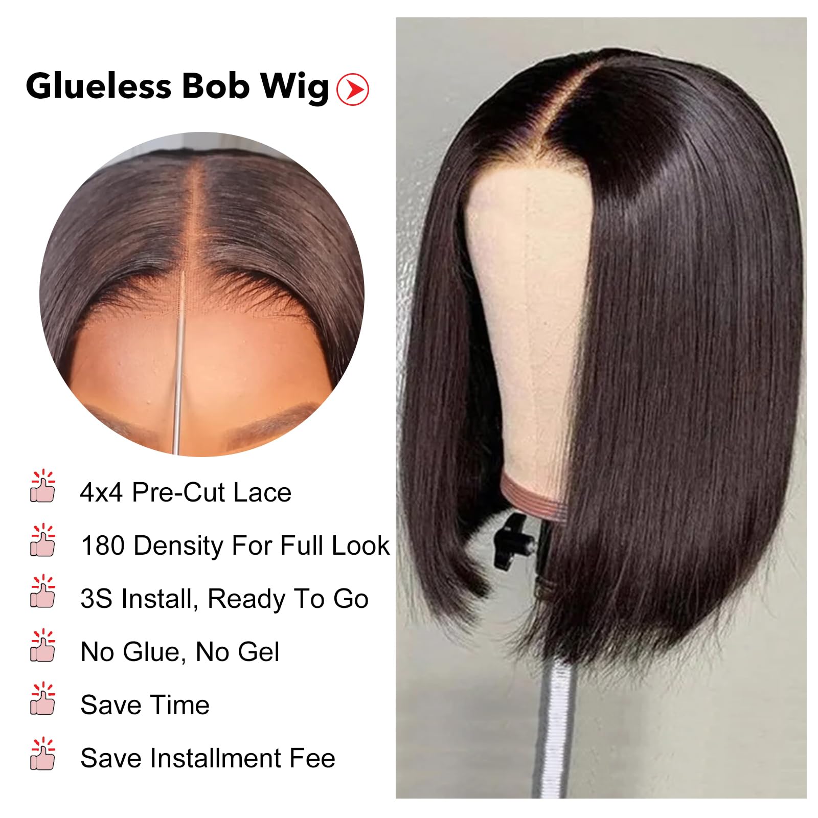 Pre Cut Lace Wear And Go Glueless Wig Human Hair, 12 Inch Bob Wig Human Hair Lace Front Wig - Image 4