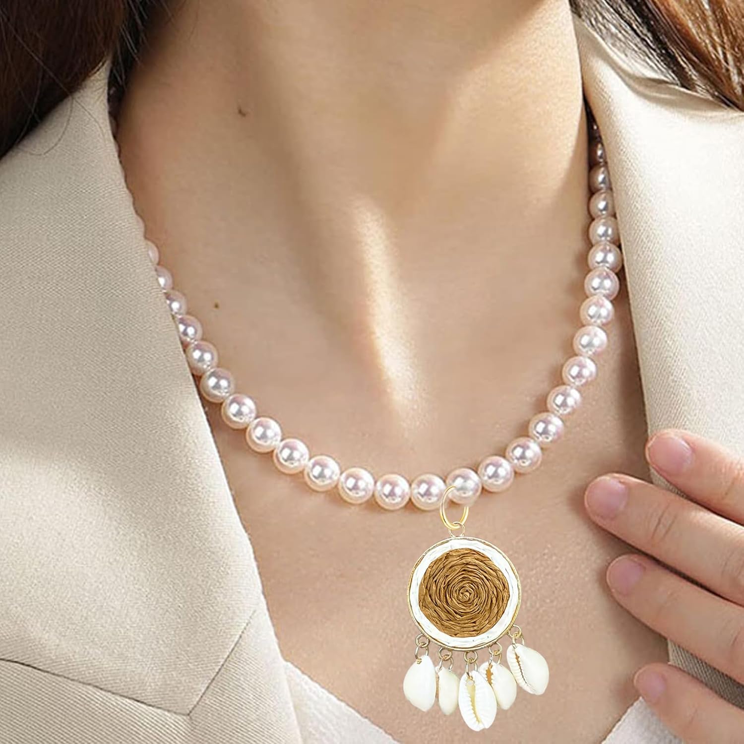 Summer Beach Vacation Earrings and Necklace Set Lafite Grass Woven Round Design Bohemian Shell Tassel Pendant for Women - Image 2