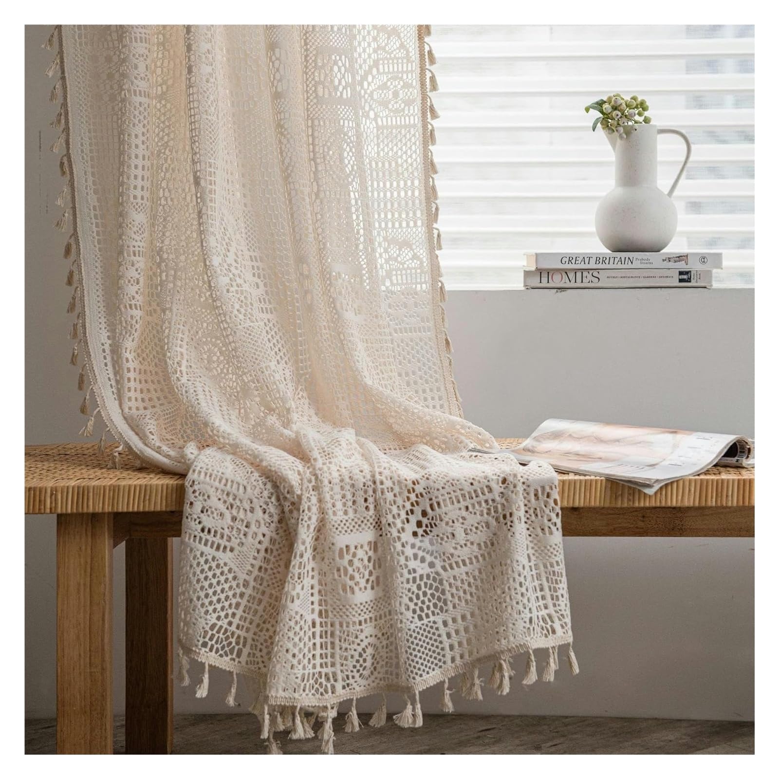 Rideaux occultants en coton et lin de qualité supérieure beige ajouré maison