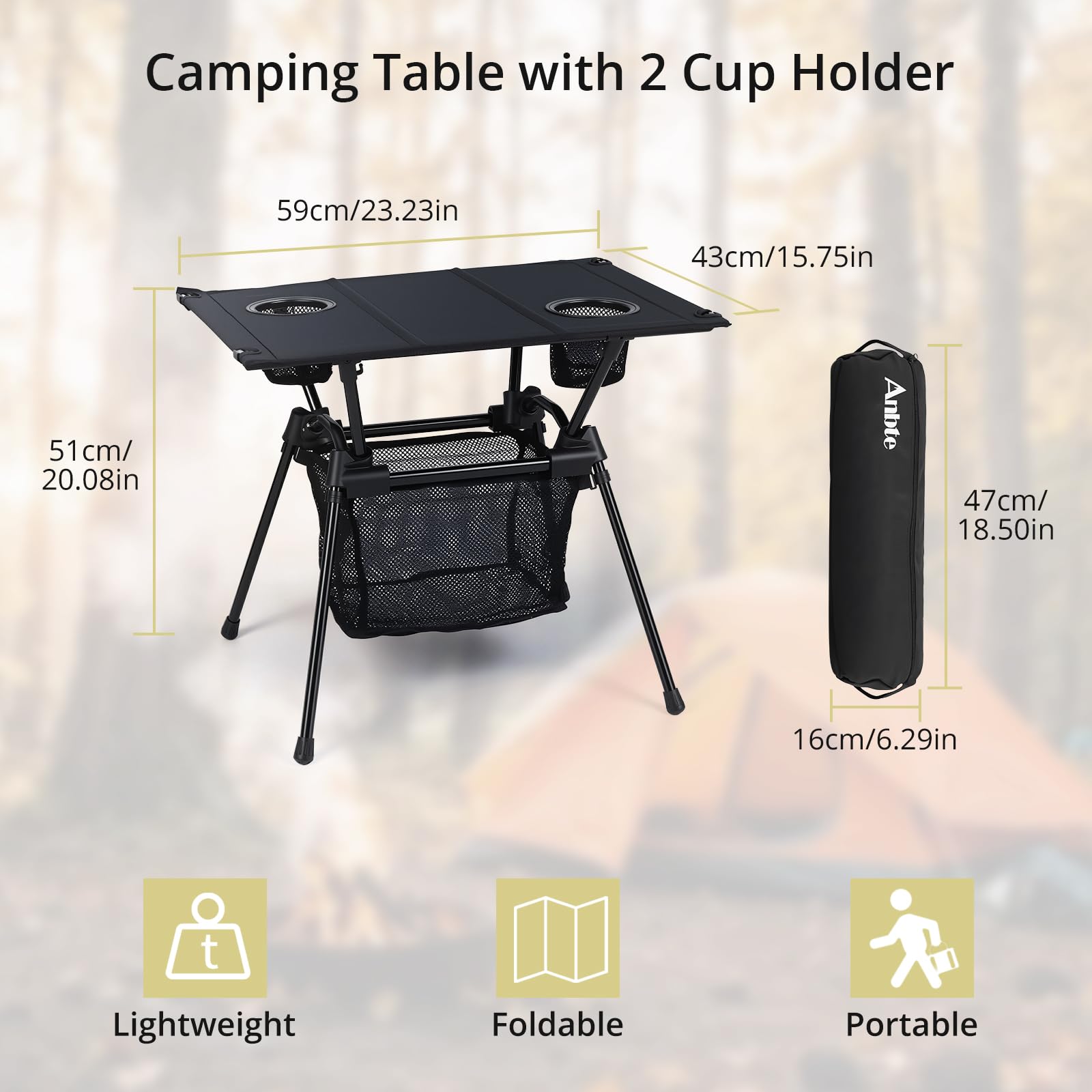 Anbte Tavolo Pieghevole Portatile per Viaggiare in Camper con Borsa di Trasporto, Piano in Tessuto, Gambe in Alluminio e Portabicchieri - Leggero per Campeggio/Esterno/Spiaggia