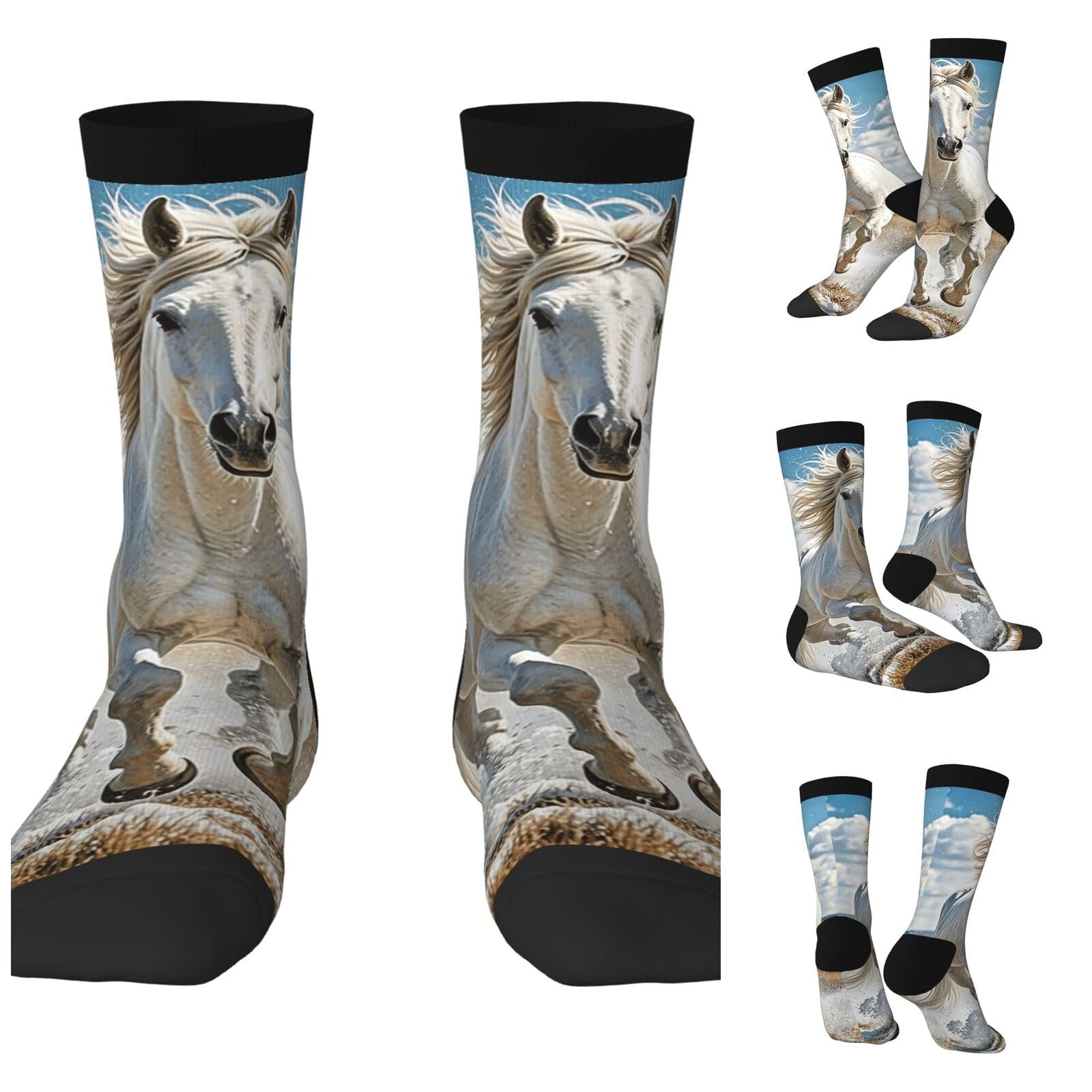 Asbwuo Unisex 3 Black Men's Dress Socks Moisture-Wicking Crew Socks White Horse Novelty Calf Sock Athletic Tube Socks For Women