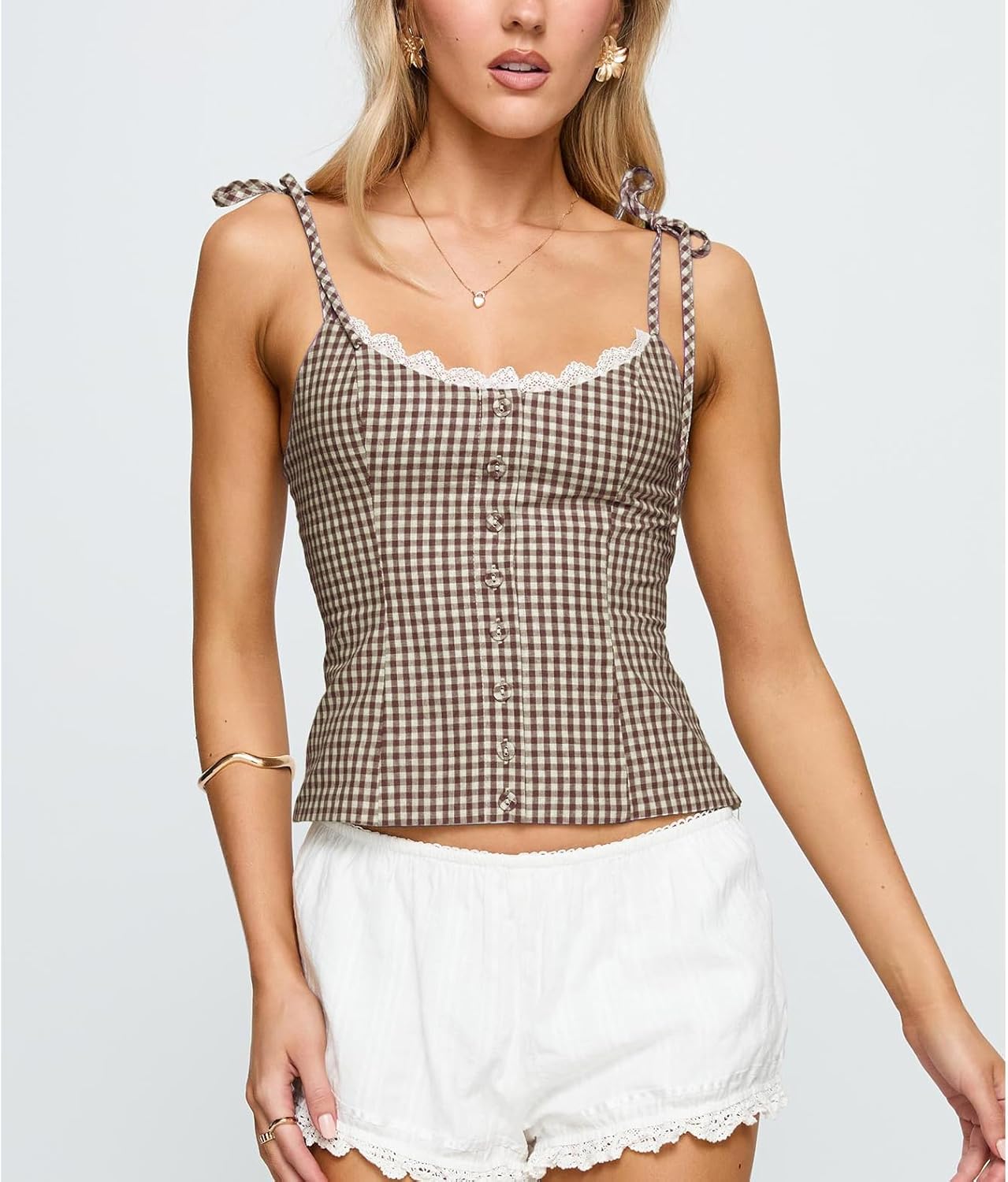 Women Y2K Gingham Plaid Tank Top Lace Trim Sleeveless V Neck Cami Shirt Button Up Tie Shoulder Slim Straps Camisole - Image 2