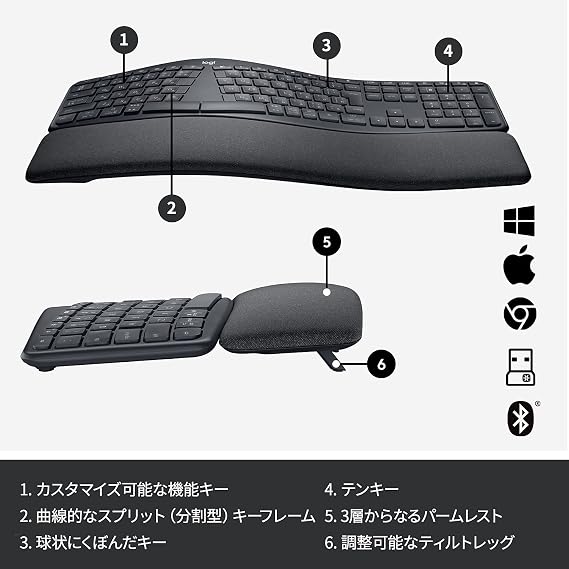 Logicool ERGO K860 Ergonomic Split Keyboard, Bluetooth, Unifying Windows, Mac, Wireless Keyboard, Wireless, Palmrest, Domestic Genuine Product, Graphite