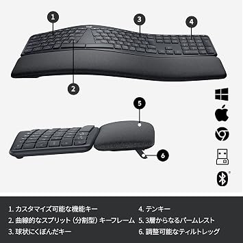 Logicool ERGO K860 Ergonomic Split Keyboard, Bluetooth, Unifying Windows, Mac, Wireless Keyboard, Wireless, Palmrest, Domestic Genuine Product, Graphite