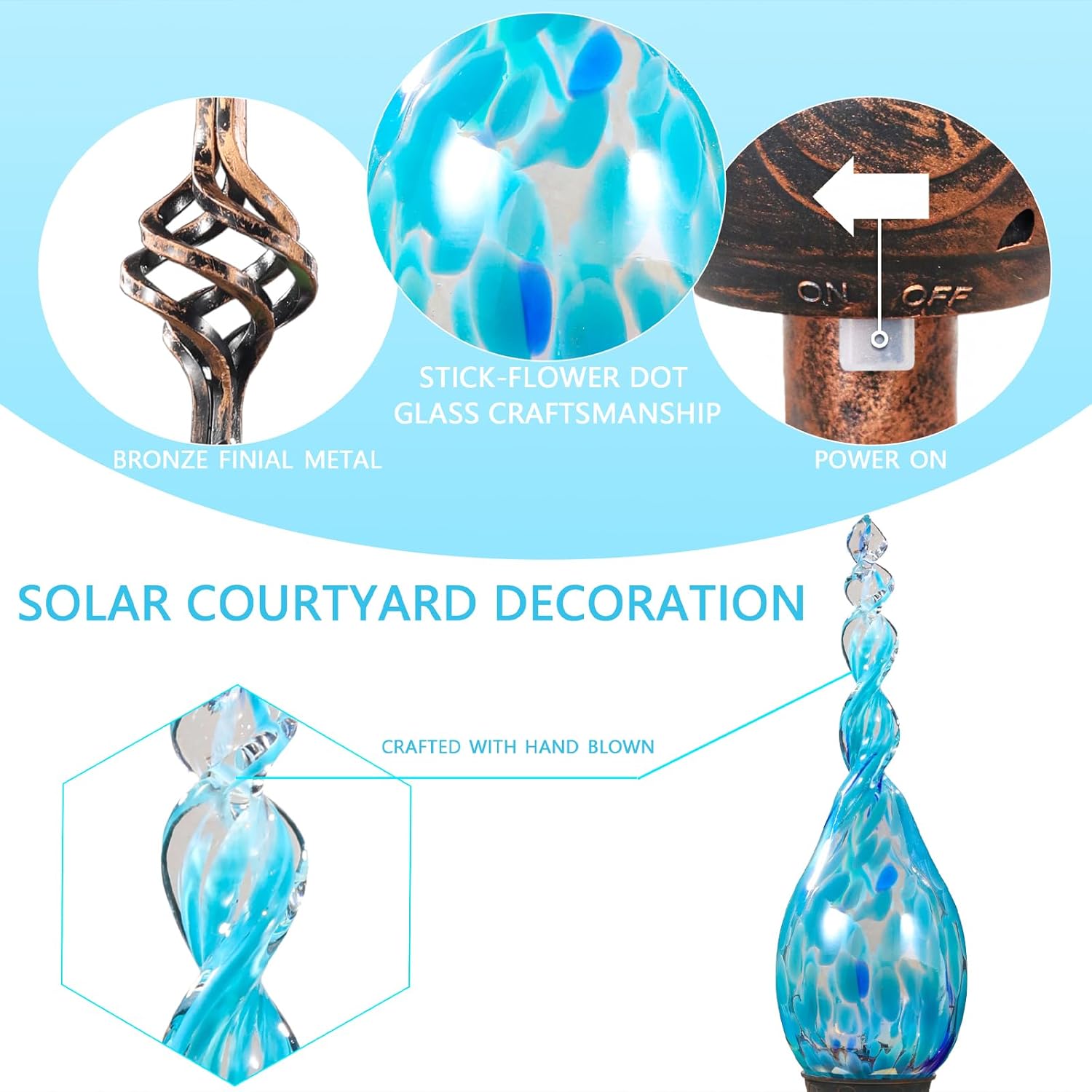 Solar Garden Lights Outdoor, Decorative LED Flame Garden Stakes, Hand Blown Glass and Outdoor Waterproof Glass Stakes (Light Blue) - Image 3