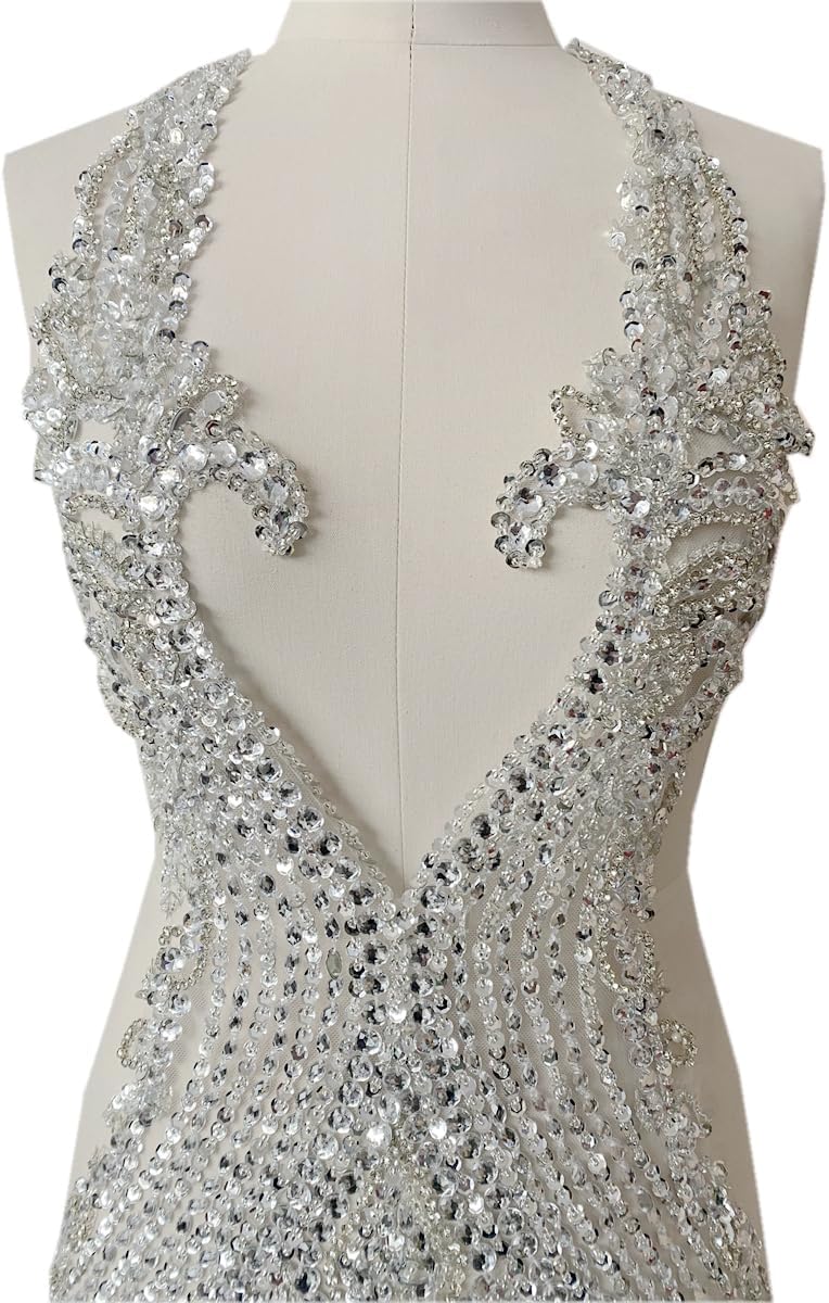 Pure Hand Sewing Beads Applique Rhinestones Trim Patches Shiny Cloth Accessories 15X26in (Silver)