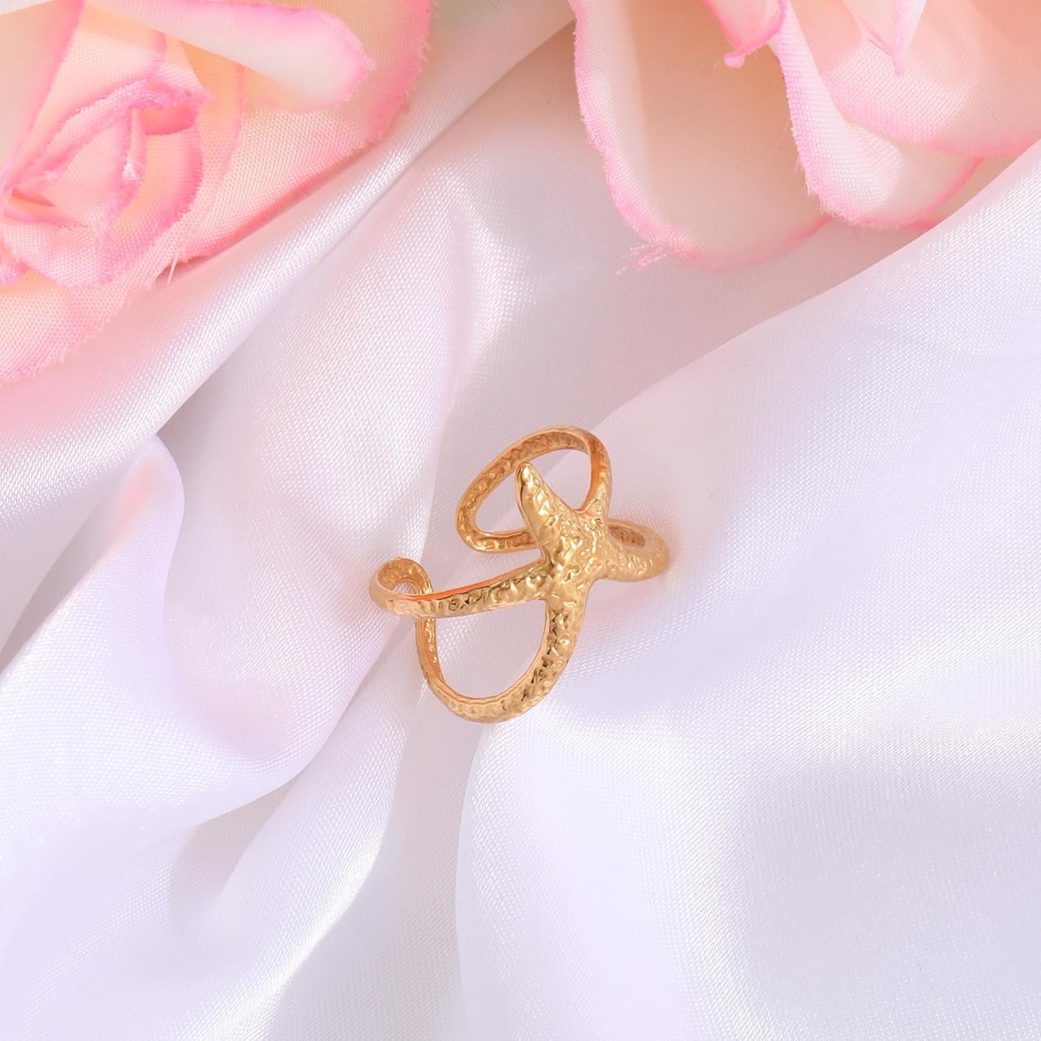 Gold Starfish Personalized Ring for Women, Open Adjustable Stainless Steel Starfish Ring Vintage Gold Irregular Ocean Themed Jewelry for Summer Beach Jewelry Gift - Image 5