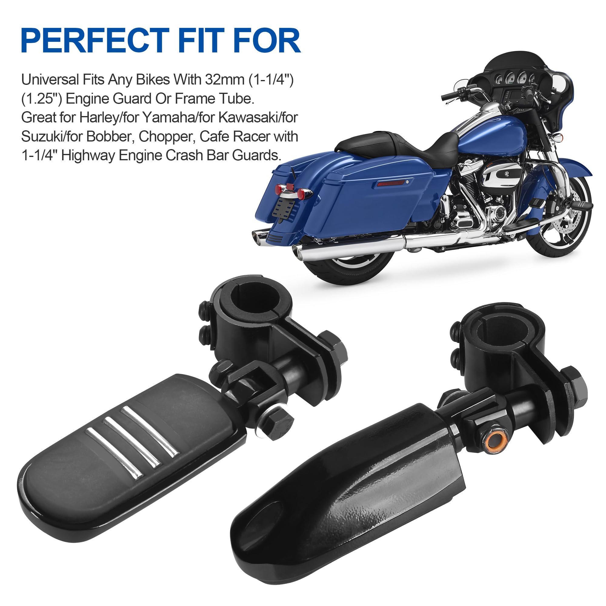Motorcycle Highway Pegs – Adjustable Foldable Foot Pegs For Harley, Kawasaki, Suzuki 1" To 1-1/3" Engine Guards - View #2