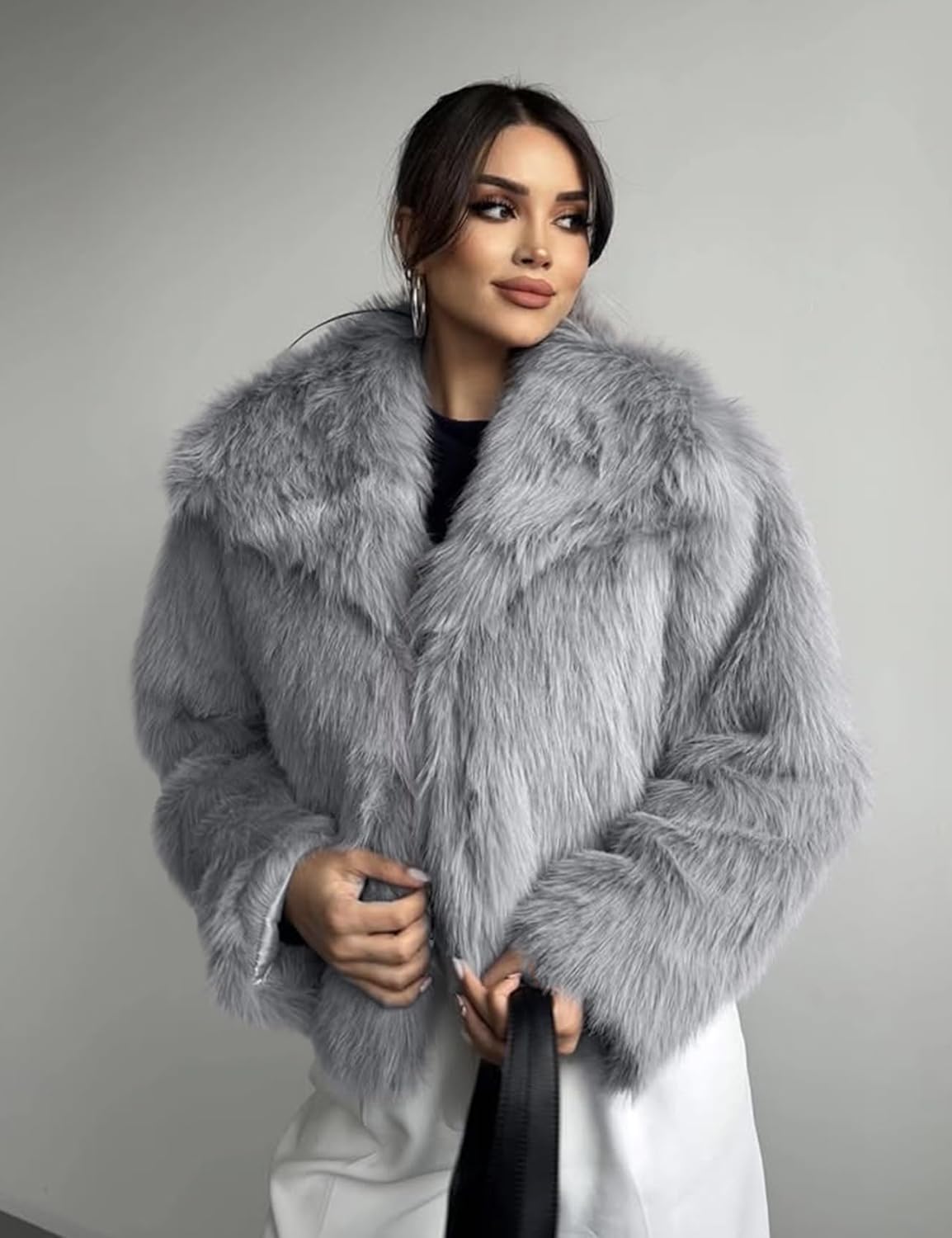 COZYPOIN Womens Faux Fur Jacket Fluffy Fur Coat Cropped Long Sleeve Lapel Button Down Fuzzy Winter Outerwear - Image 7