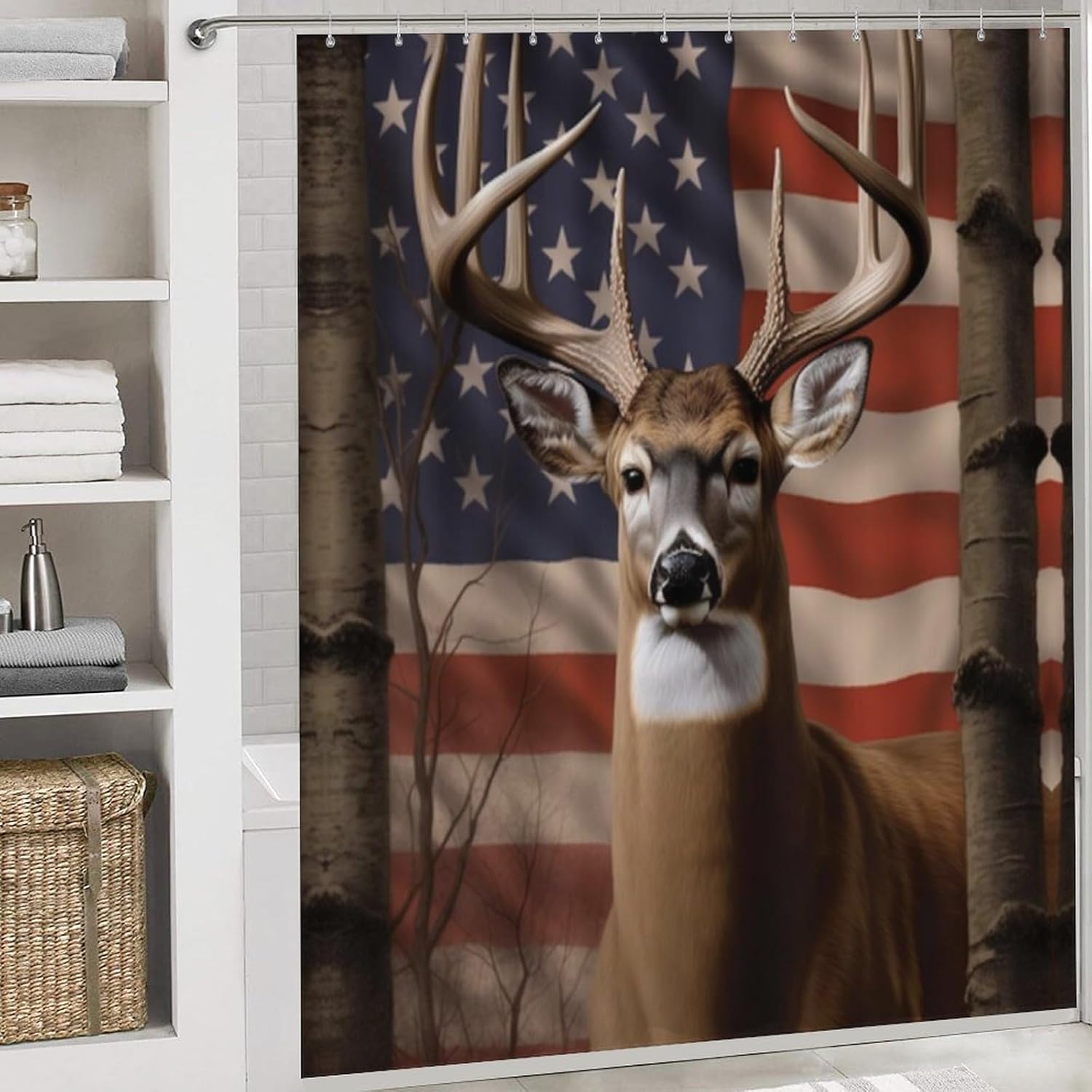 US Flag with Deer Forest2 4 Pcs Bathroom Shower Curtain Set,Bathroom Sets with Rugs (Bath Mat,U Shape and Toilet Lid Cover Mat), Bathroom Decor Set