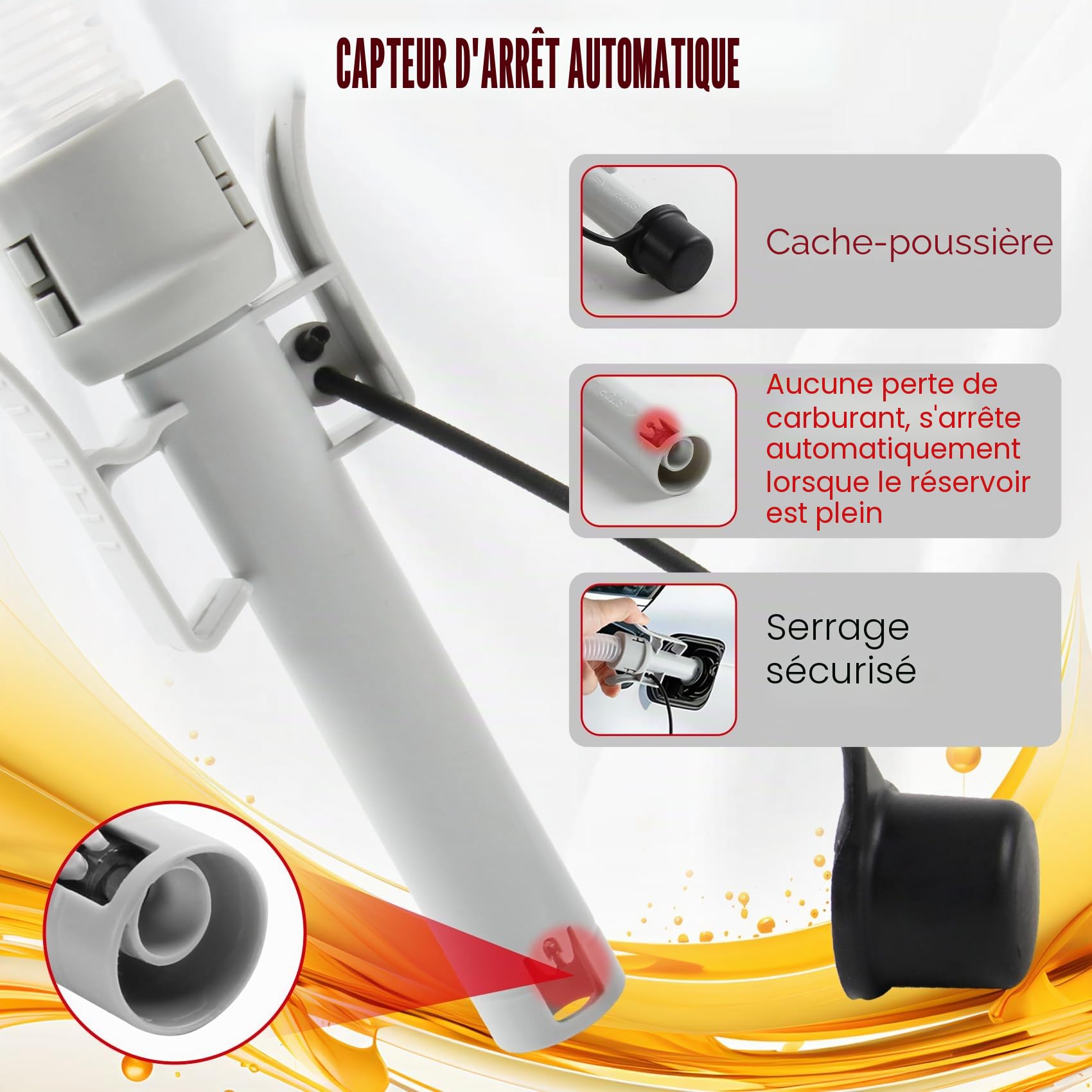 Pompe de transfert de carburant avec capteur d'arrêt automatique, pompe à carburant portable de 2,8 GPM avec 3 adaptateurs de taille de réservoir, pompe de transfert électrique avec tuyaux et buse