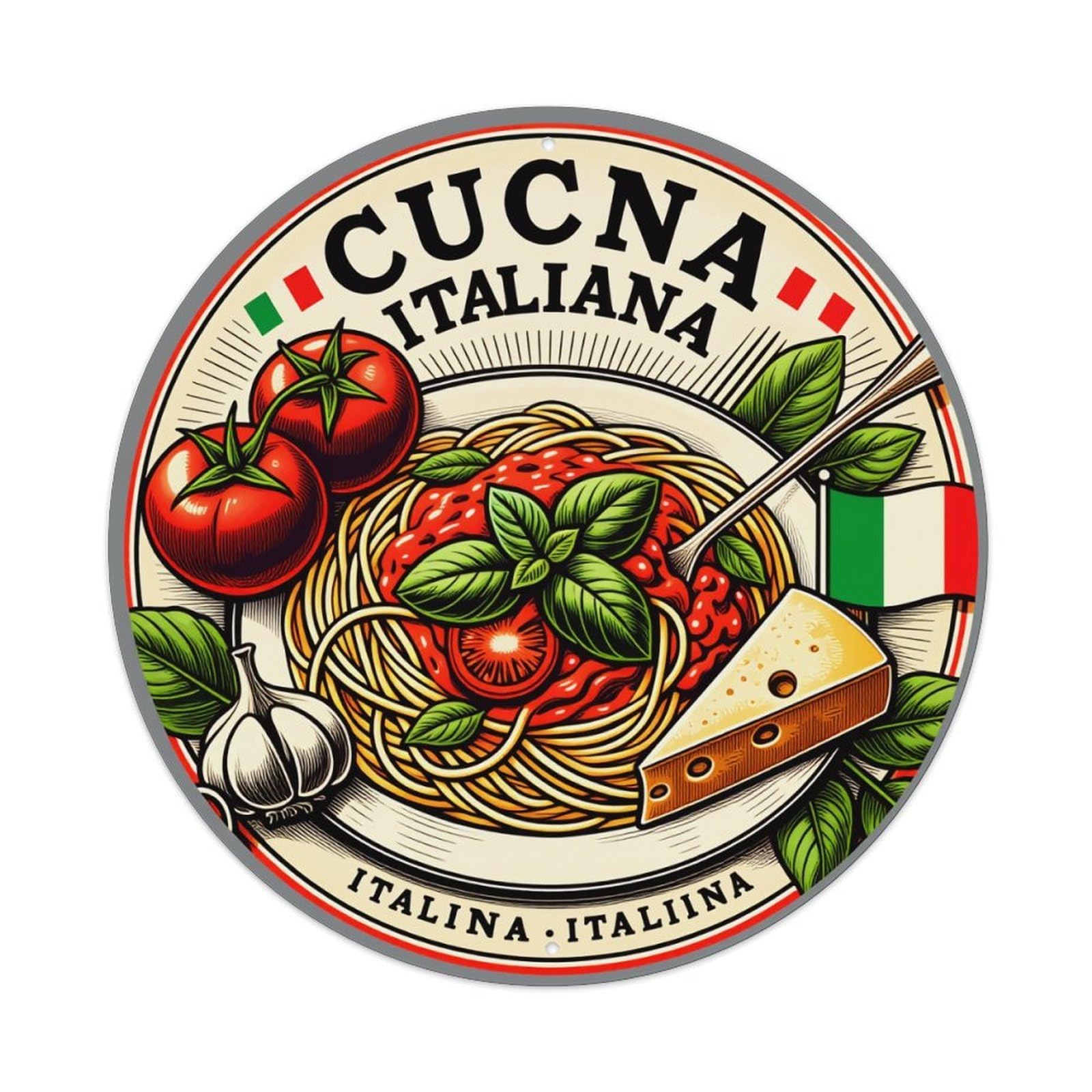 Wmlzdnwr Vintage Italian Pasta Tomatoes Basil Cheese Garlic Flag Round Tin Sign,Retro Wall Art,Metal Poster For Home, Bar, Garage, Cafe, Rustic Indoor & Outdoor Decor, 8X8 Inches