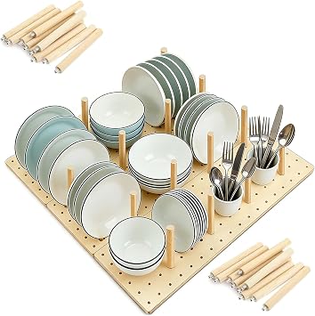 Wooden Pegboard Drawer Organizer for Kitchen - 3 Pack Adjustable Drawer Organizer with 24 Pegs Wooden, Drawer Organizer Kitchen Utensils, Wood Drawer Organizers for Kitchen Countertops & Deep Drawe