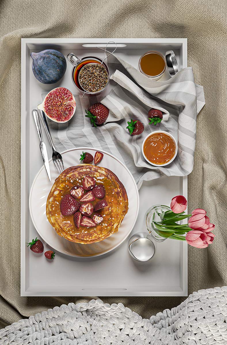 Decorative Modern Tray 18” x 11” Breakfast Server with Handles Wood Candle Holder Home Decor Makeup Drawer Vanity Organizer Suitable for All Occasions (White)