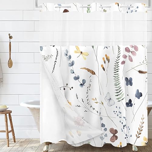 Cortina de ducha floral sin gancho con forro a presión, bonitas flores de mariposa sin gancho, juego de cortinas de ducha de tela para baño, cortina