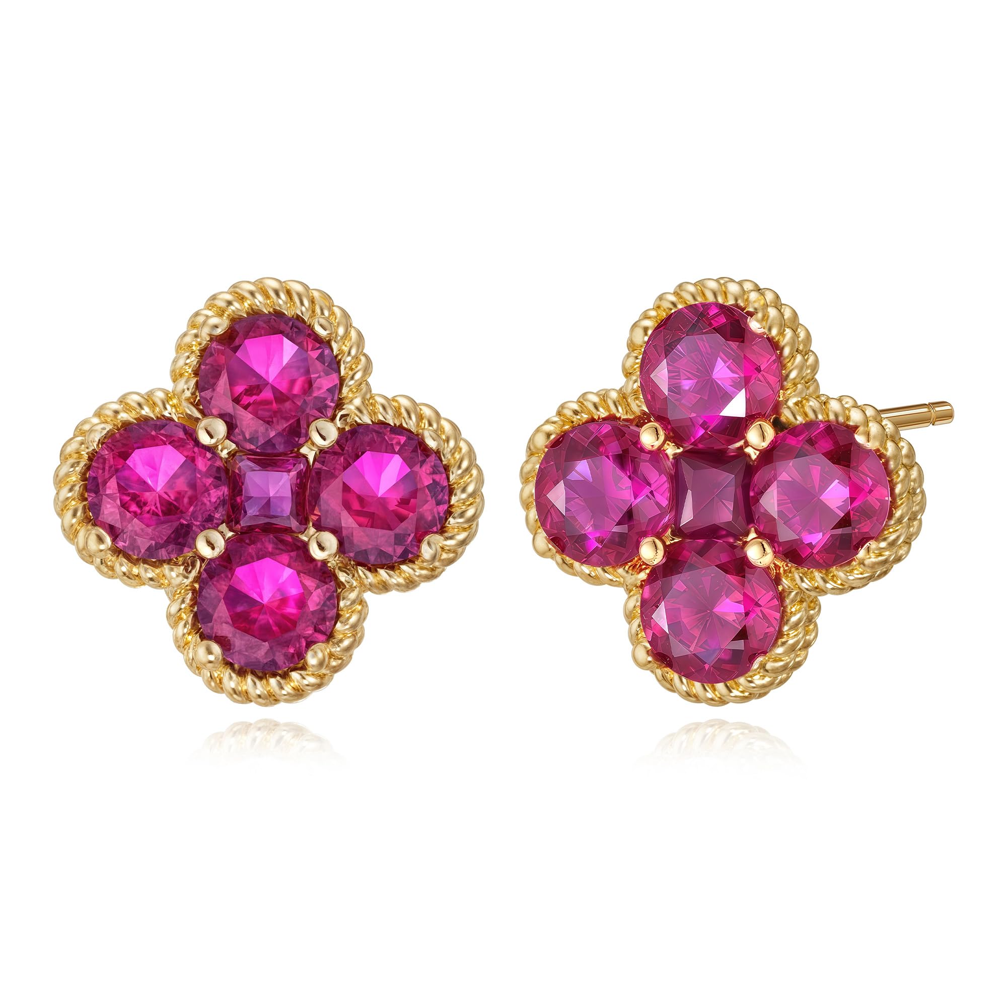 Gold Ohrstecker für Damen Trendige 14k arätig vergoldete zierliche kleine rote Blumen-Ohrstecker mit Zirkonia und Kleeblatt-Motiv Geburtsstein-Ohrringe Schmuck für Damen
