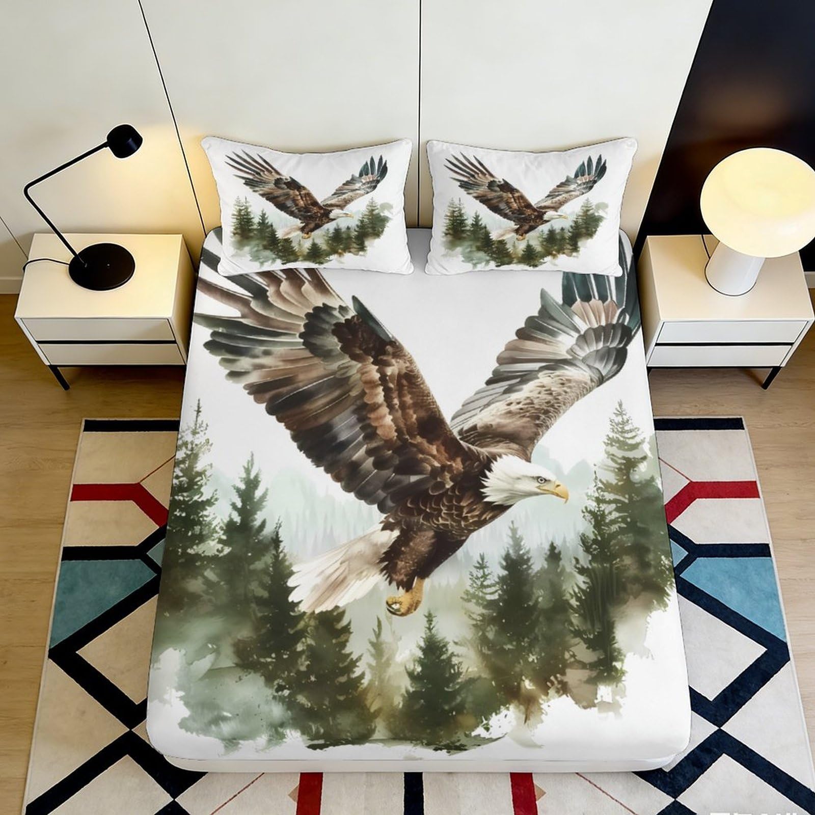 3D Printed Eagle Fitted Sheet Microfiber Soft Breathable Forest Bed Cover for Bedroom Dormitory Guest Room Mattress Protection Decor 140x200x25cm