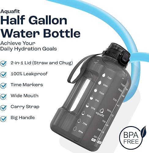 Miniatura 2 de AQUAFIT Botella de agua de medio galón con marcador de tiempo, tapa para popote y beber, botella de agua para gimnasio sin BPA con popote, jarra