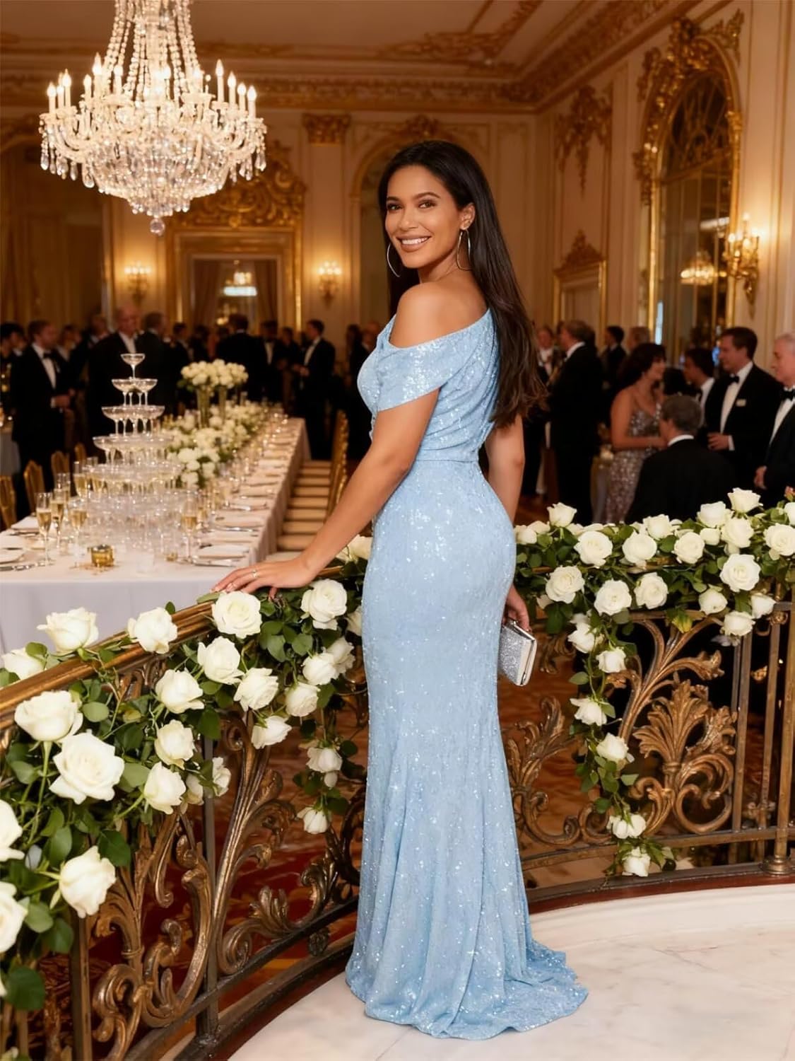 Cudiew Sparkly Sequin Prom Dress for Women One Shoulder Long Mermaid Cap Sleeve Formal Evening Party Gown - Image 4