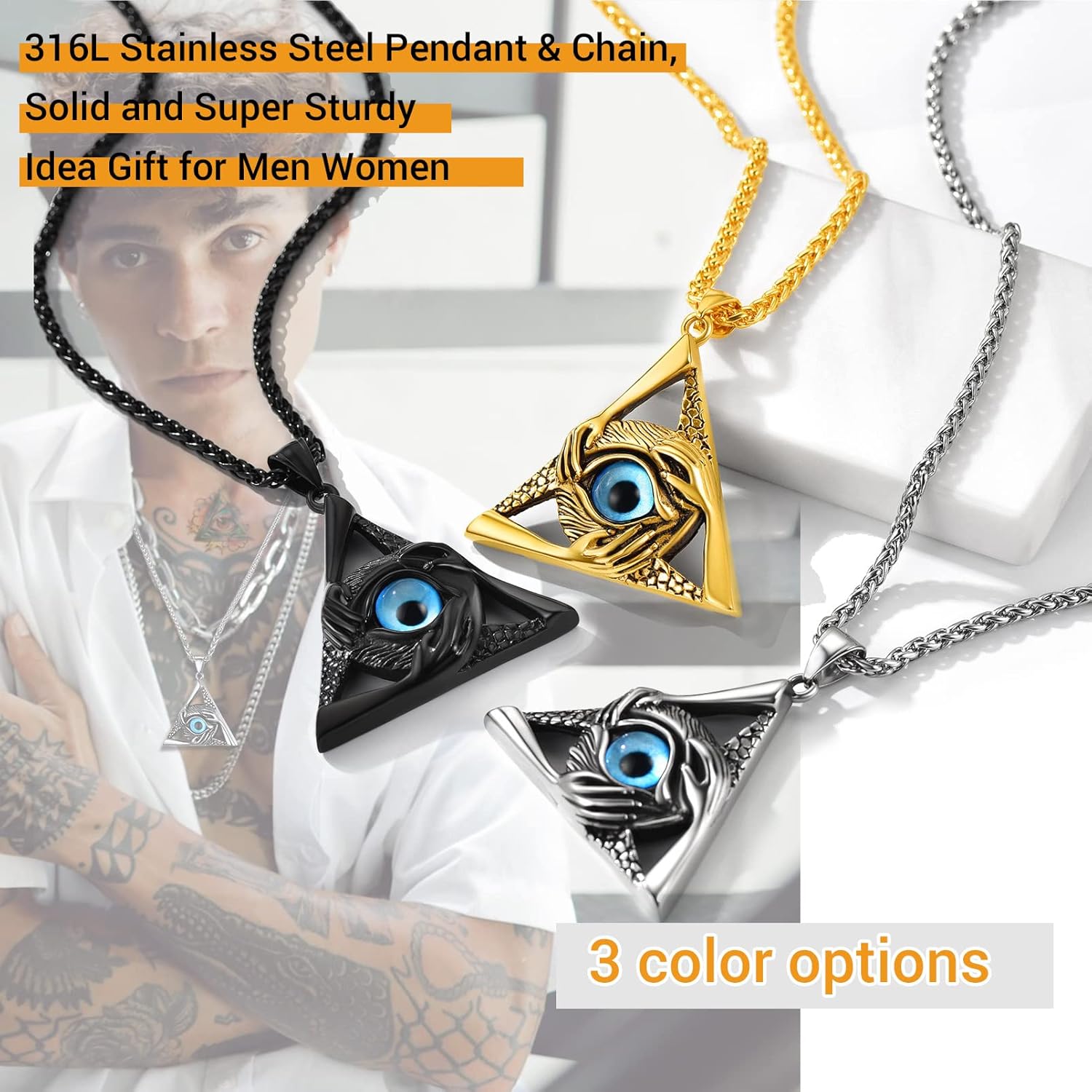 PROSTEEL Vintage Evil Eye Jewelry Protection Hands Triangle Pendant Good Luck Necklace for Men Women, Black/Gold Plated Stainless Steel, 22inch, Come with Box - Image 3