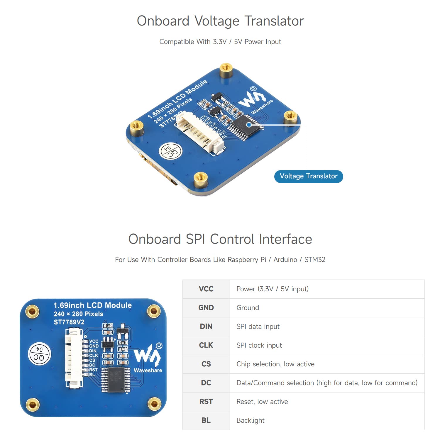 Waveshare 1.69inch LCD Display Module, Compatible with Raspberry Pi,240×280 Resolution, SPI Interface, IPS, 262K Colors