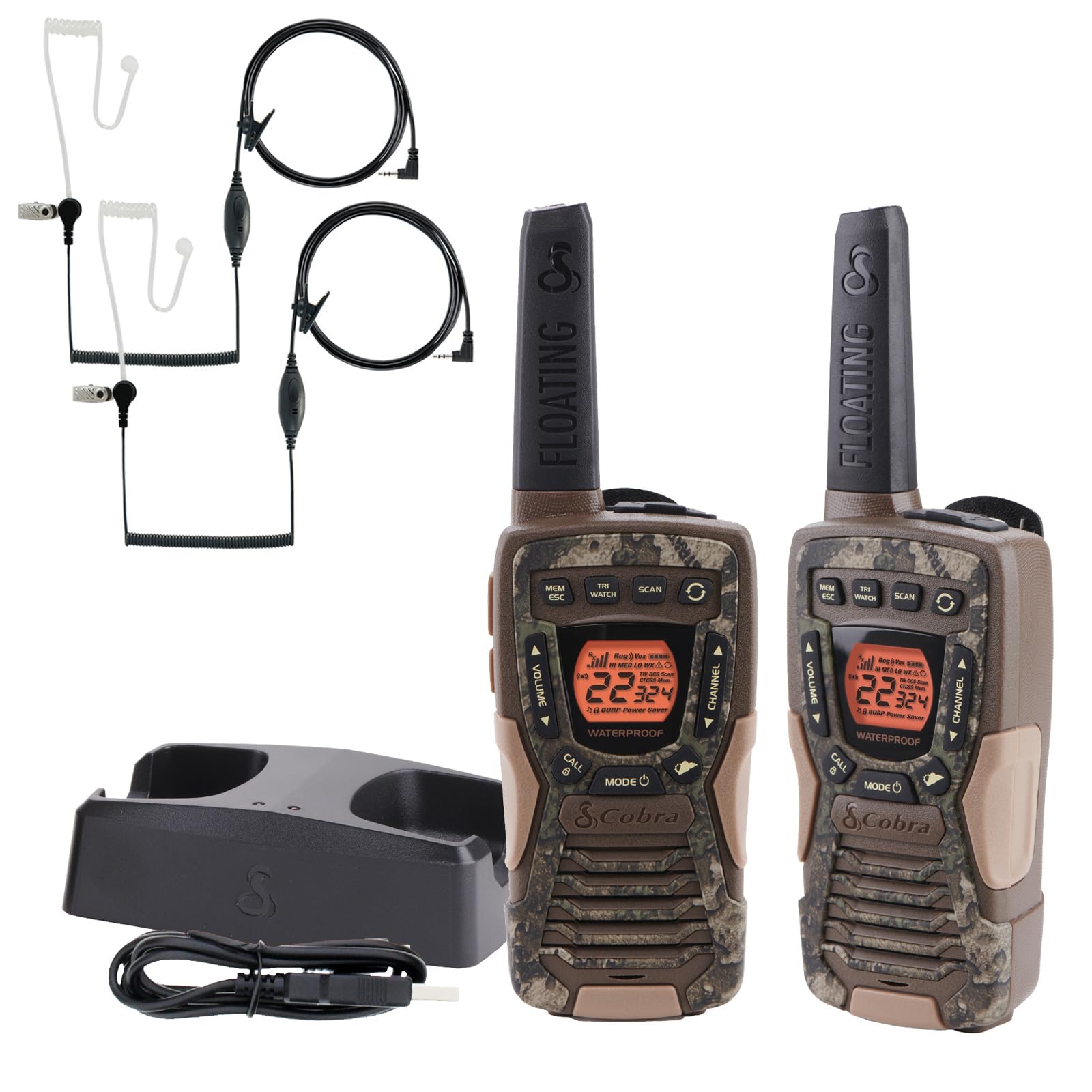 Cobra ACXT1035R FLT TTC Floating and Waterproof Walkie Talkies for Adults with Compatible Cobra Surveillance Headset: Rechargeable, 22 Channels, Long-Range, 2 Two-Way Radios, 2 Headsets