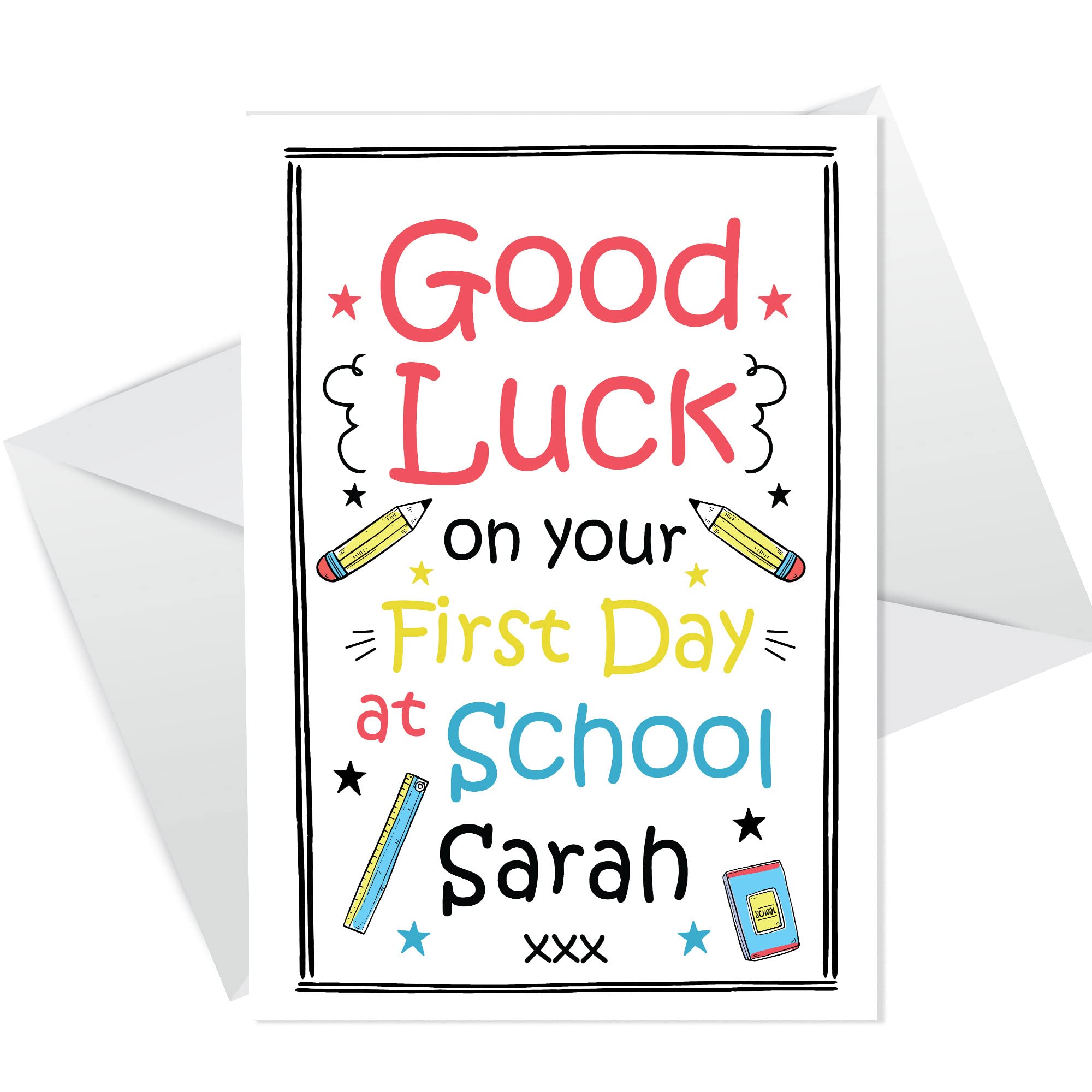 Personalised FIRST DAY AT SCHOOL Card Colourful Good Luck Card For Daughter Son