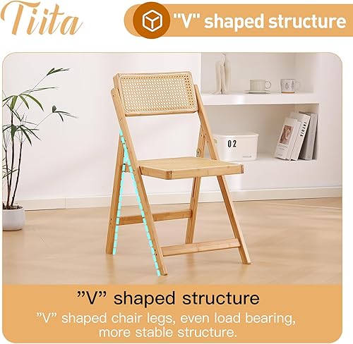 Miniatura 5 de Tiita Juego de 1 sillas de comedor de ratán, silla plegable moderna de mediados de siglo, sillas de comedor plegables de bambú para espacios