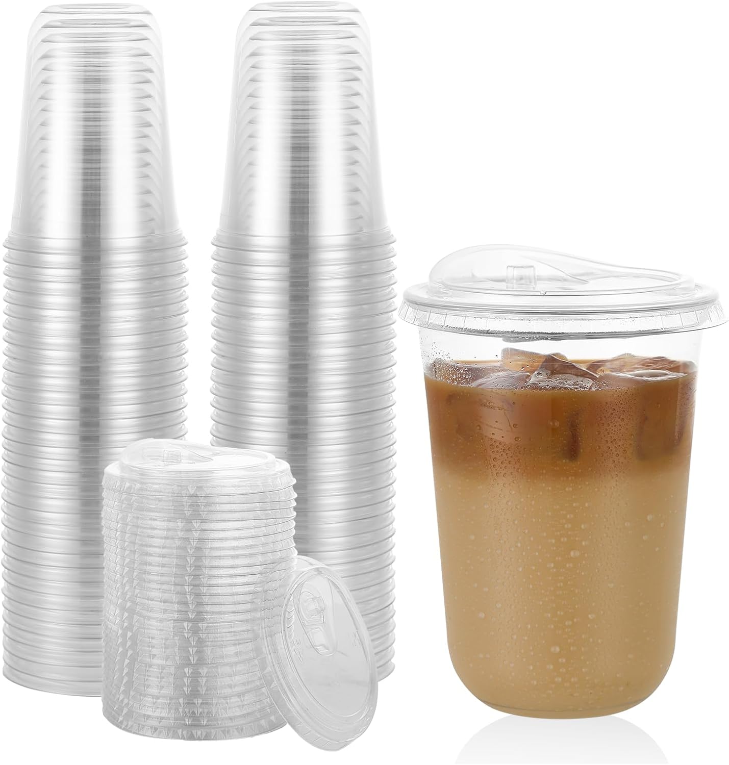 50 Sets Clear Plastic Cups with Sip Lids, Disposable Plastic PET Crystal Round Bottom To Go Cup for Iced Coffee, Smoothie, Cold Beverage, Strawless Drinking Cups for Drink Shops Party Catering (16 oz)