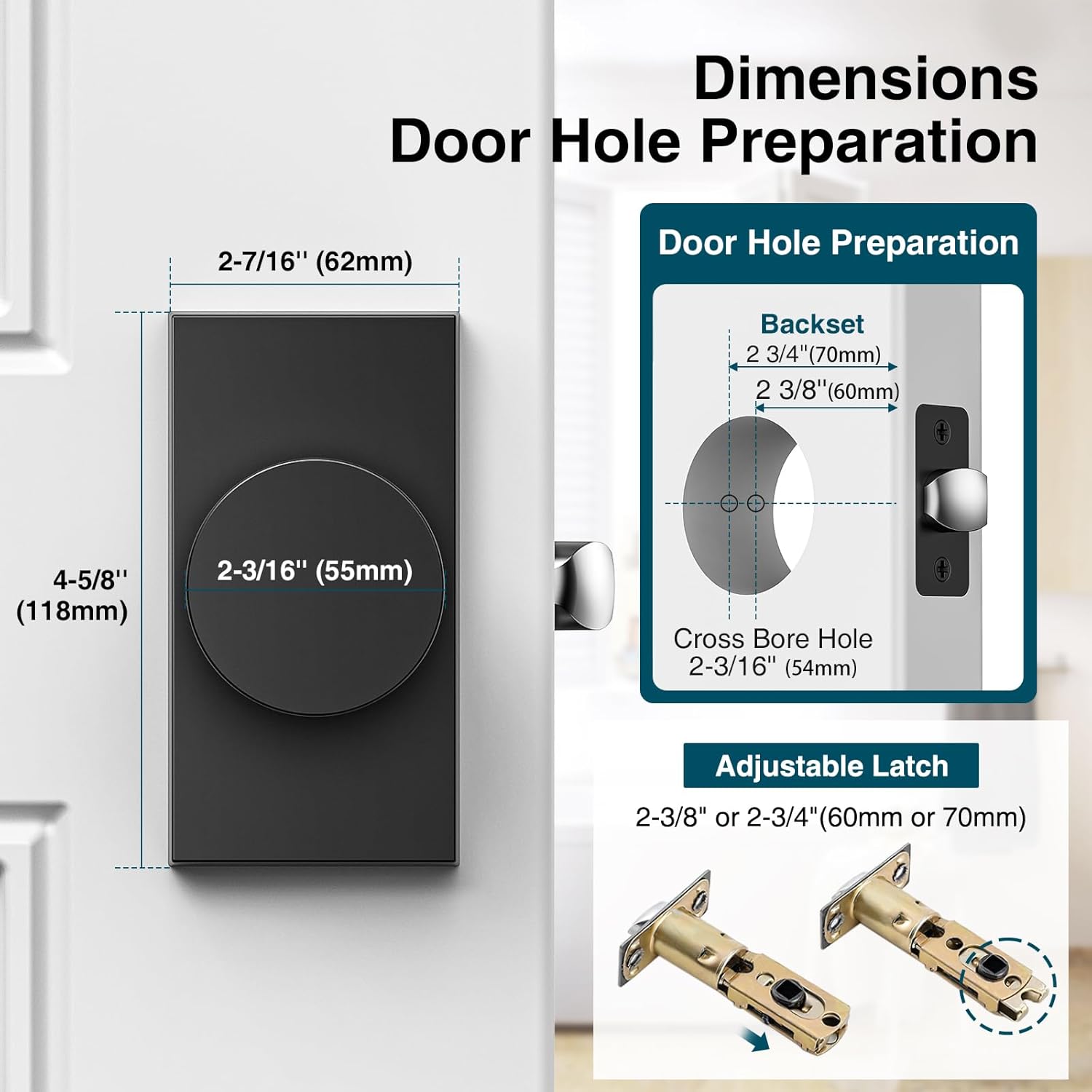 3 Pack Matte Black Door Knobs Interior, Zinc Alloy Privacy Door Knob, Rectangular Modern Door Knob for Bedroom, Bathroom, Study, Office