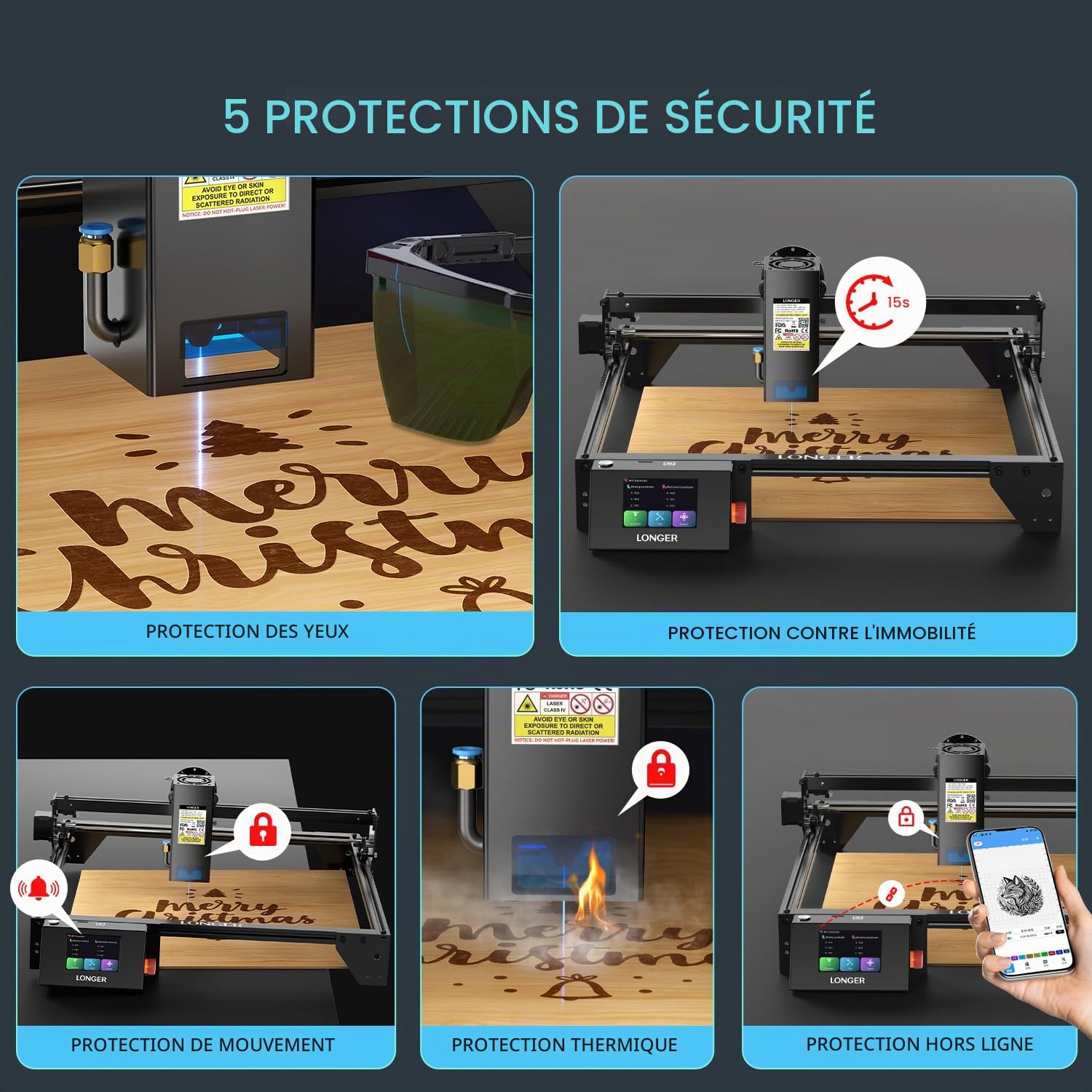 Longer Machine de gravure laser 20 W pour métal/bois/verre, plan de travail 400 x 365 mm, application hors ligne et écran tactile de 3,5 pouces, certifié CE, roulements allemands, lunettes de