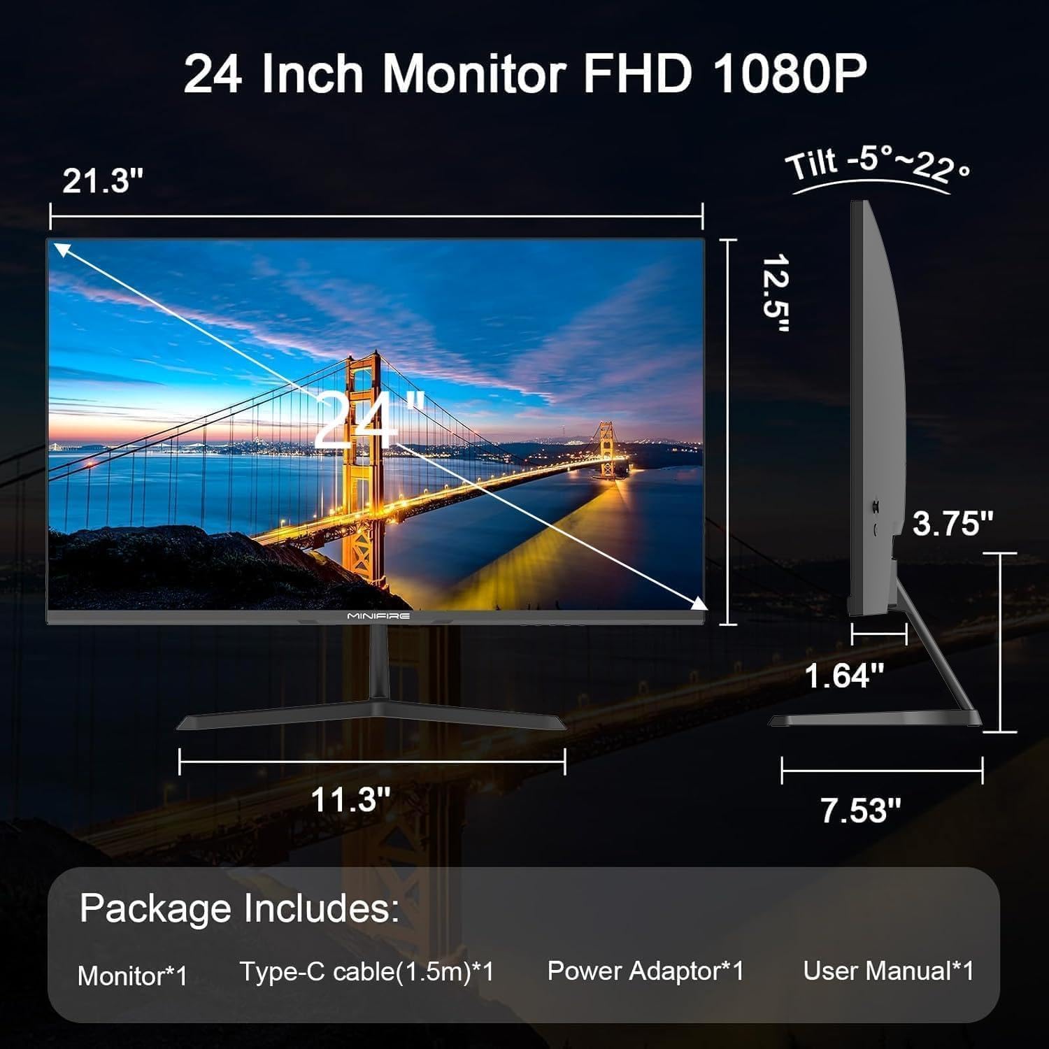 Minifire 24-inch USB-Type C Monitor, 1920x1080 Full HD, 100Hz, 4000:1 High Contrast Ratio PC Screen, 75% DCI-P3, HDR, 8 Bits, USB-C&HDMI 1.4, VESA 75x75mm (MF24X3AL) — view 8