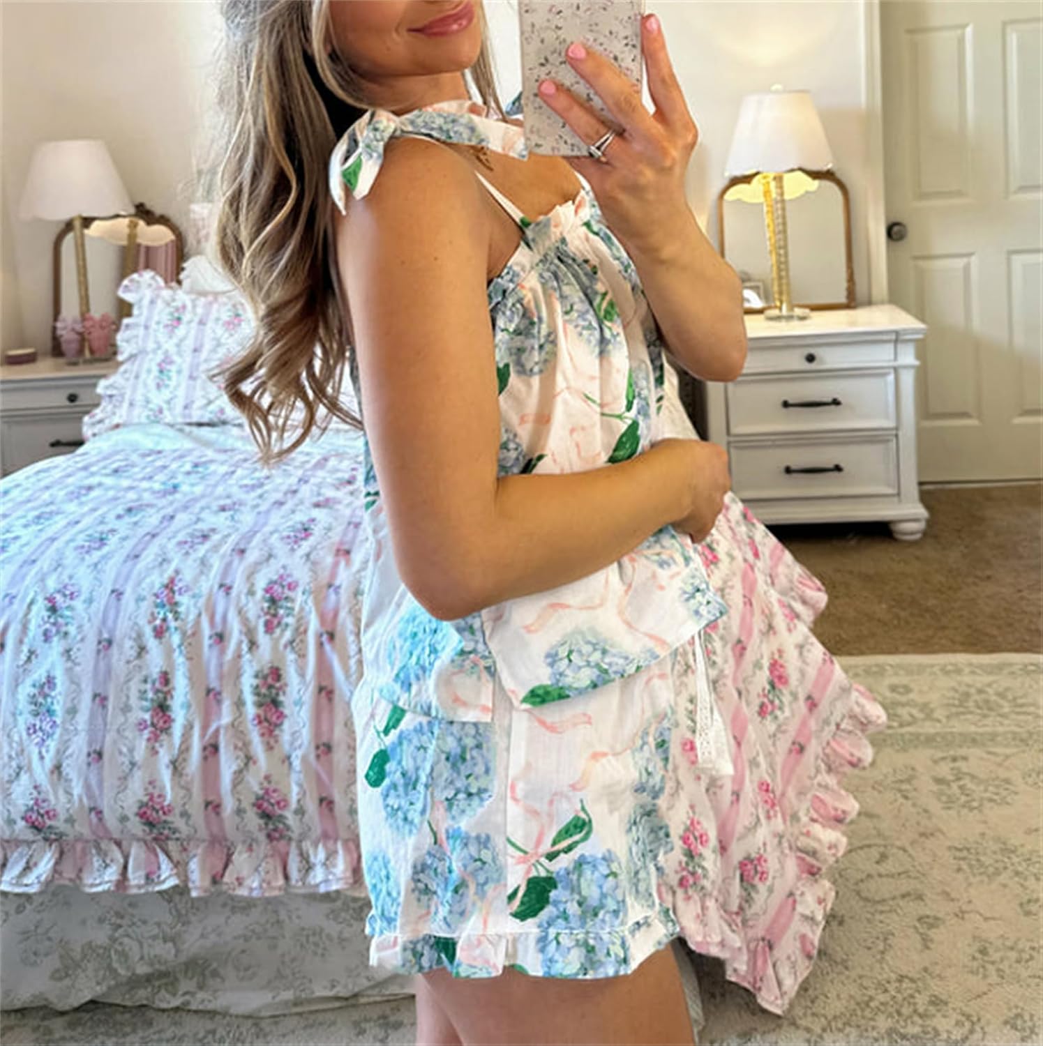 Yuemengxuan Women Floral Tie Shoulder Pajamas Set 2 Piece Casual Outfits Sleeveless Tie up Flower Tops Shorts Cute Beach Set - Image 4