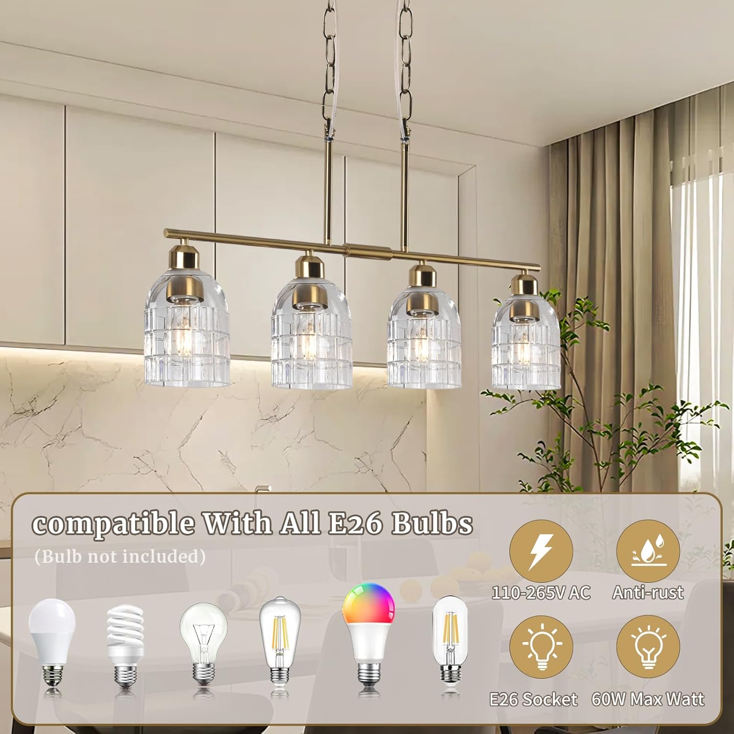 FRIXCHUR Gold Kitchen Island Lighting, 4-Lights Linear Chandelier Pendant Light with Clear Glass Shade, Height Adjustable Industrial Chandelier Pendant Light for Kitchen Island Dining Room