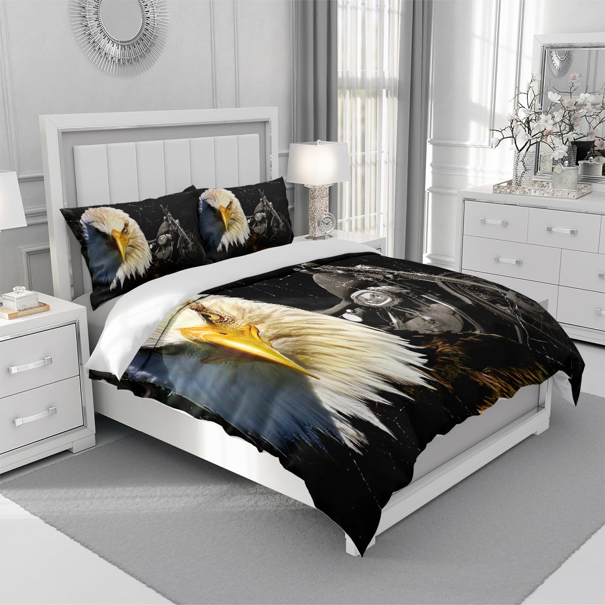 ZZXHG Duvet Cover Full Size Black Eagle Motorcycle Adult